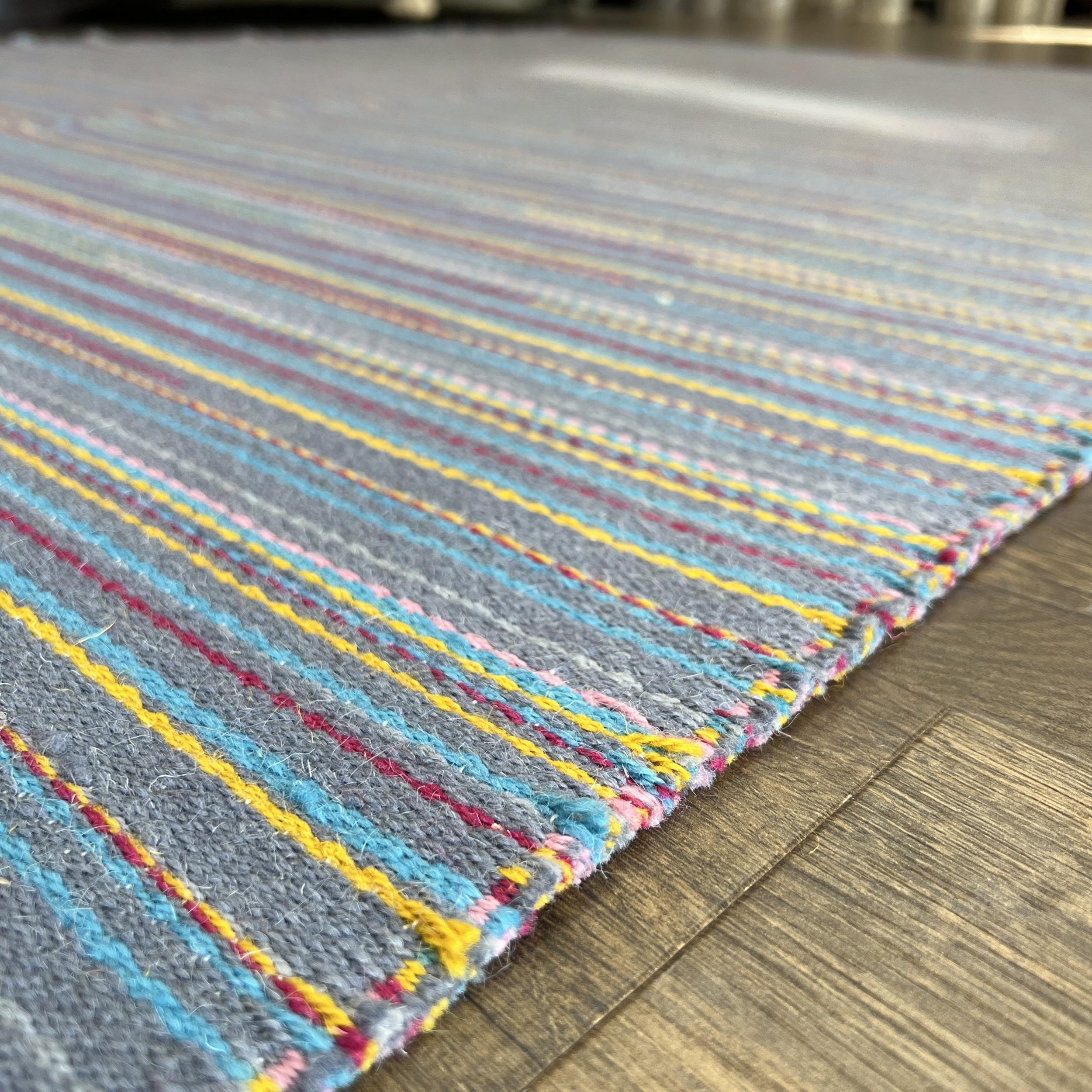 2'7"x8' Blue Turkish Kilim Runner – Colorful Wool Flat-Weave Rug with Bohemian Striped Pattern