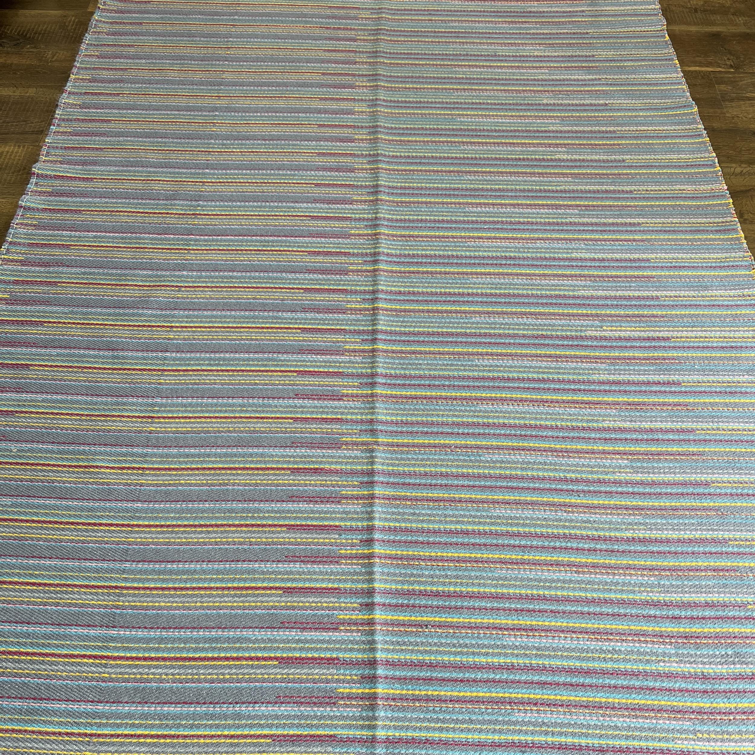2'7"x8' Blue Turkish Kilim Runner – Colorful Wool Flat-Weave Rug with Bohemian Striped Pattern