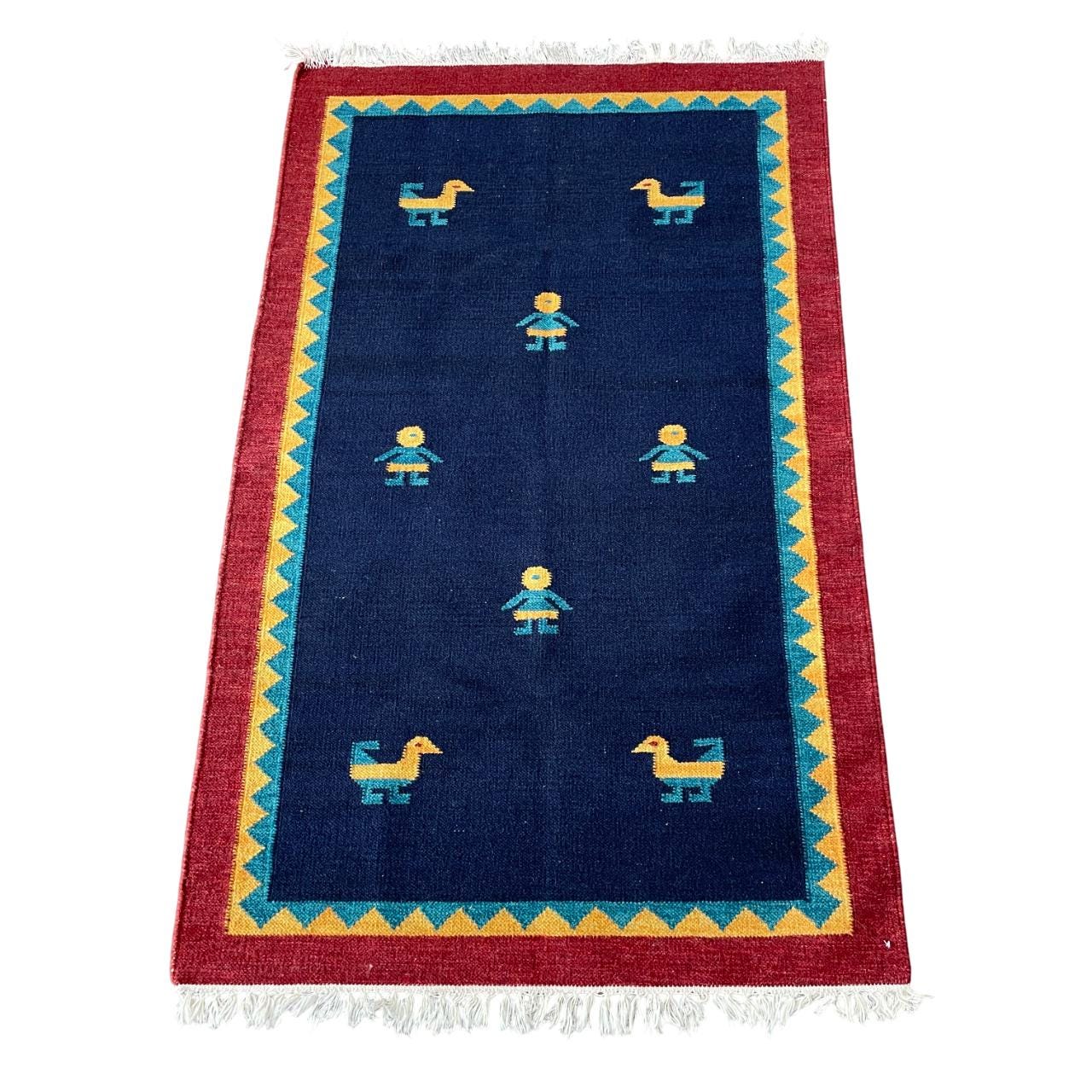 Handmade Wool Kilim Rug: Navy Blue Folk Art Bird Motif (3'2"x6'4")