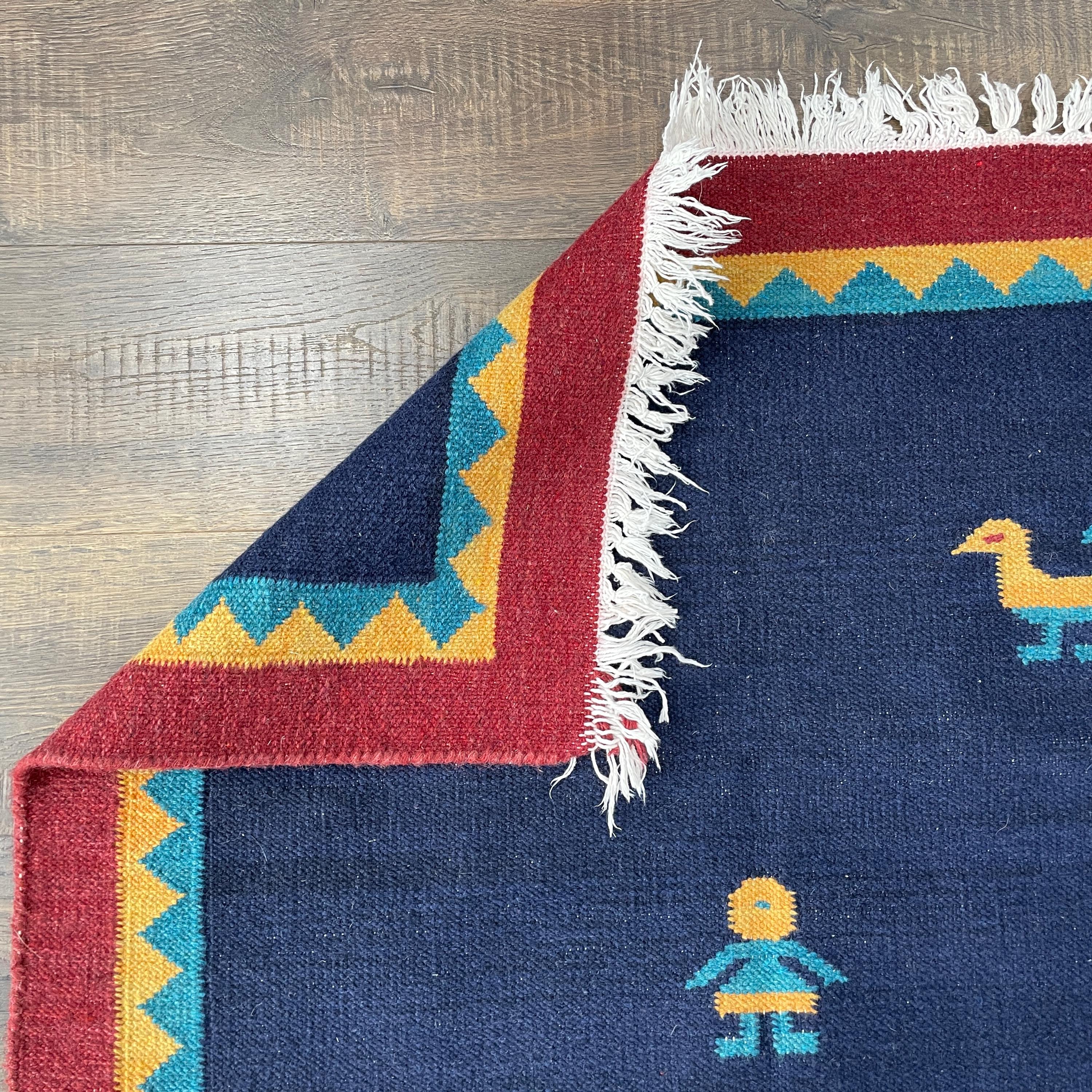 Handmade Wool Kilim Rug: Navy Blue Folk Art Bird Motif (3'2"x6'4")