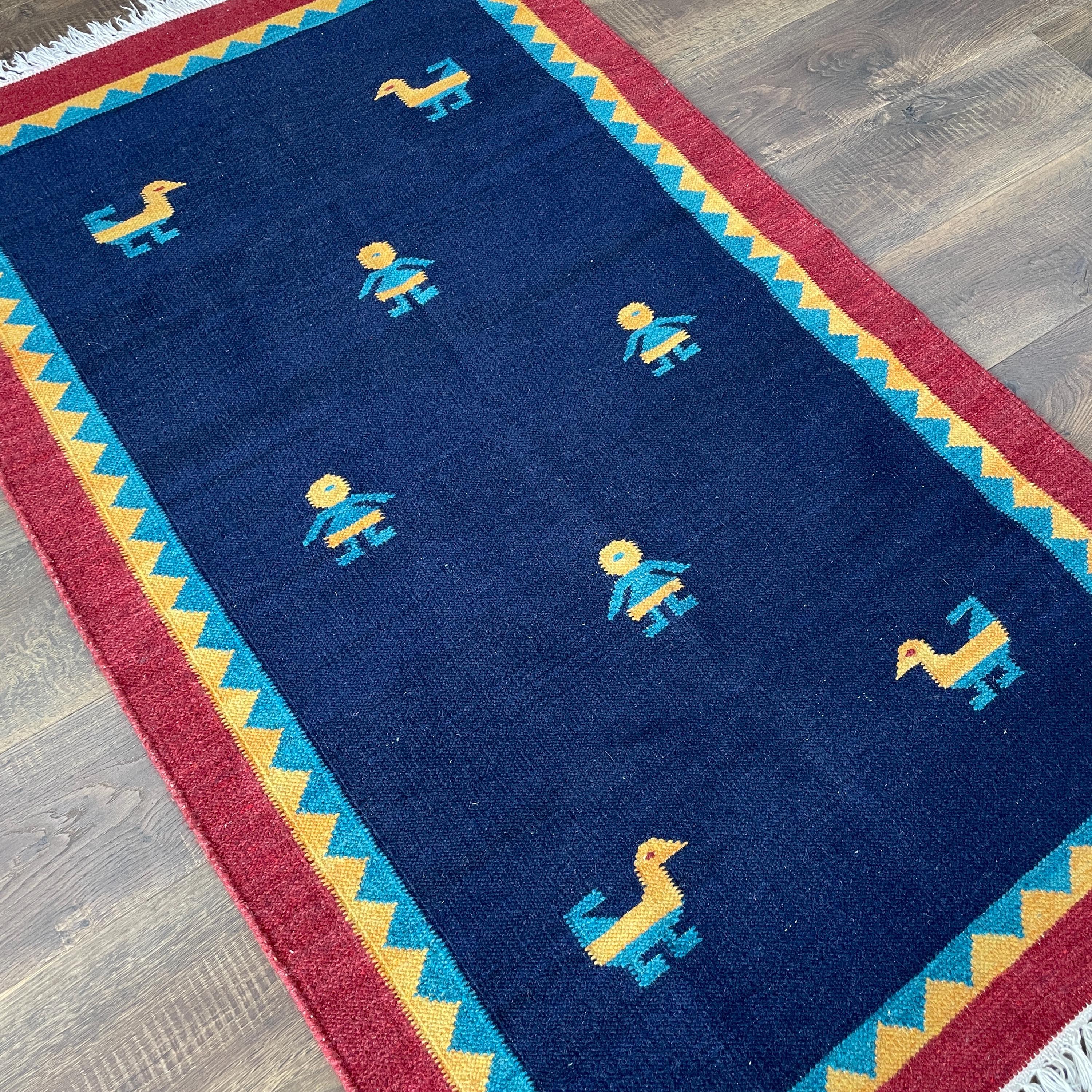 Handmade Wool Kilim Rug: Navy Blue Folk Art Bird Motif (3'2"x6'4")