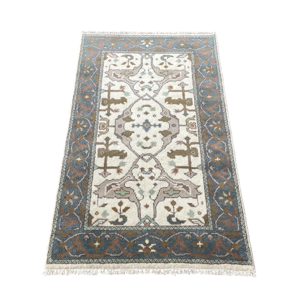 3'x5' Handmade Wool Rug – Ivory & Teal Turkish Oushak Style