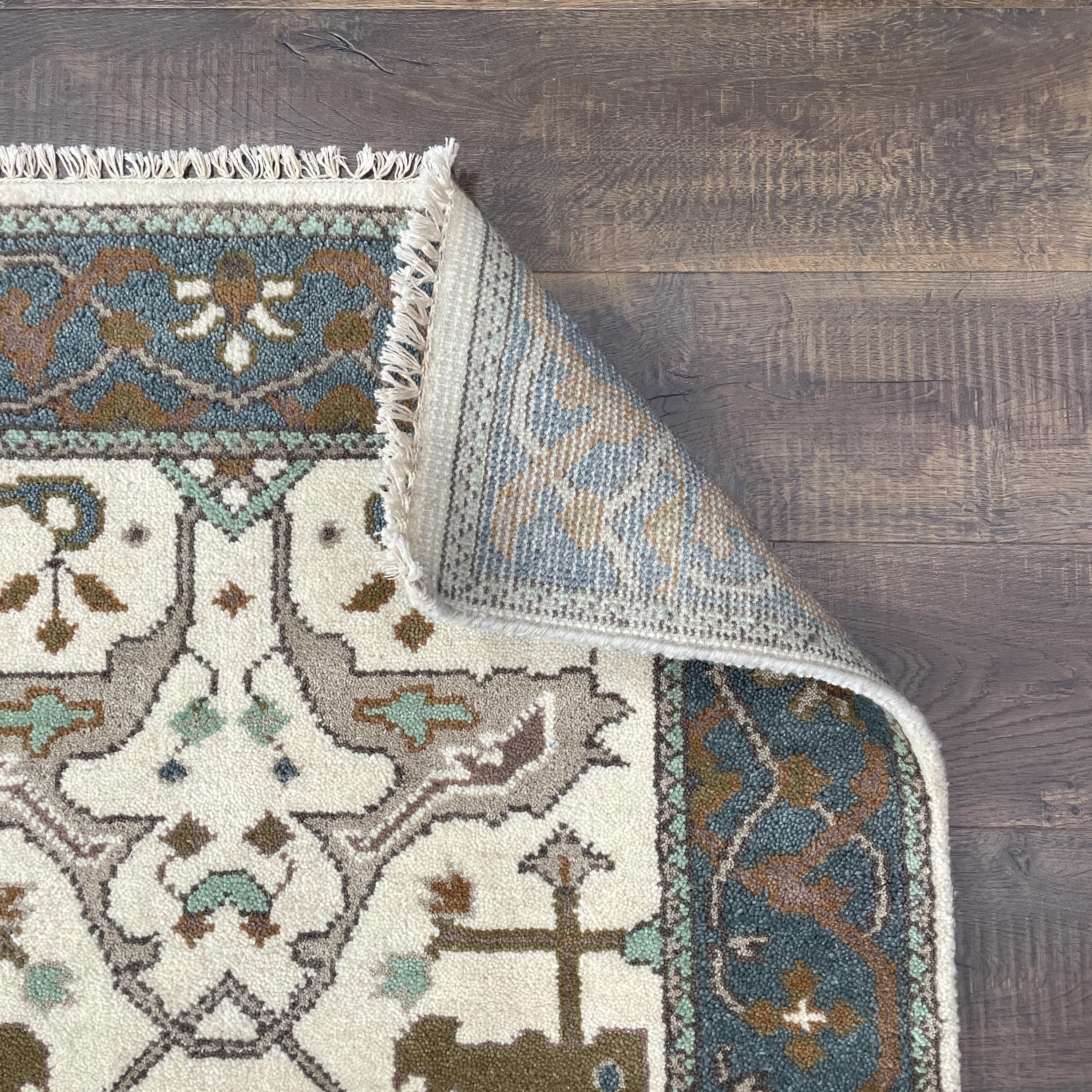 3'x5' Handmade Wool Rug – Ivory & Teal Turkish Oushak Style