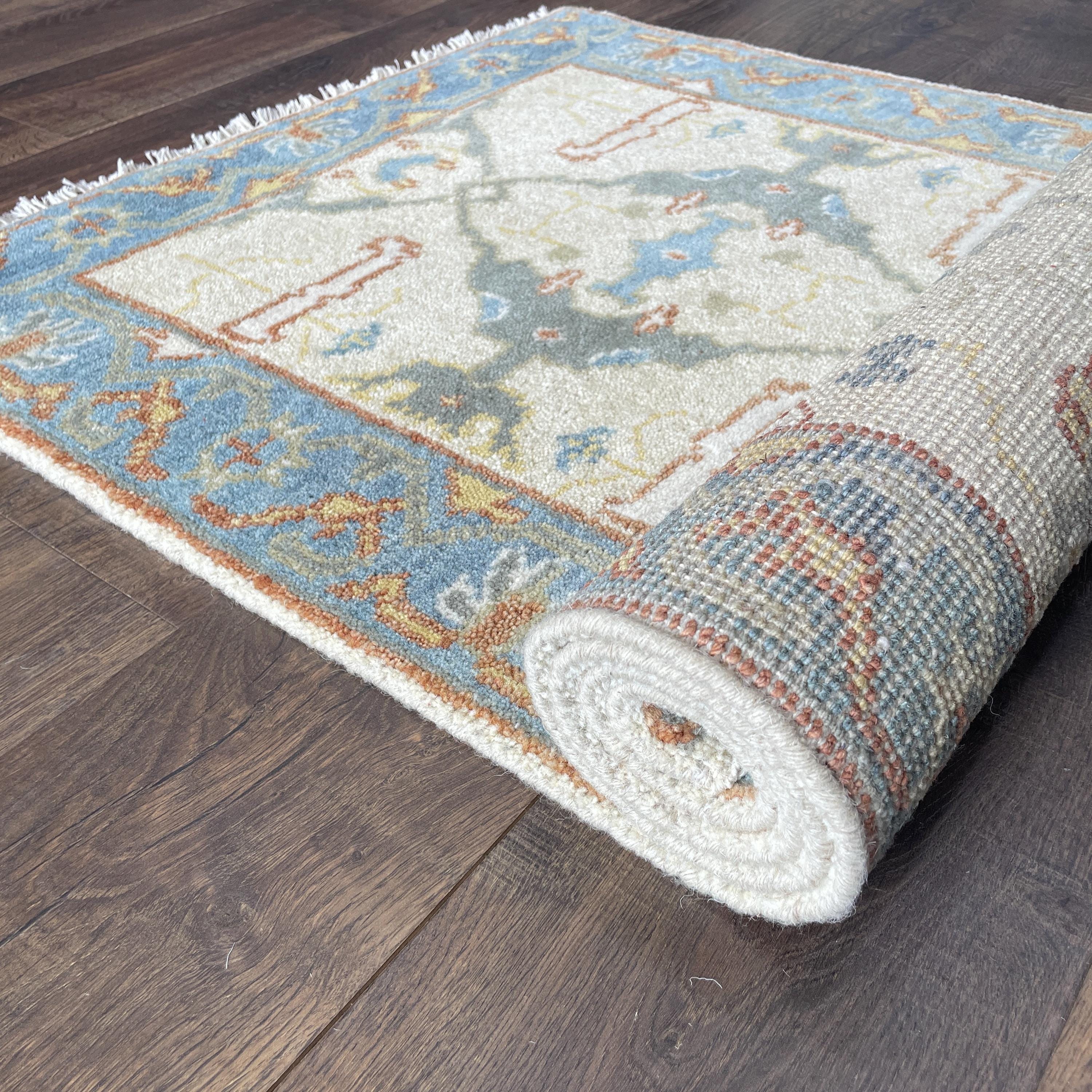 2'8"x6' Handmade Wool Rug – Light Blue & Beige Runner
