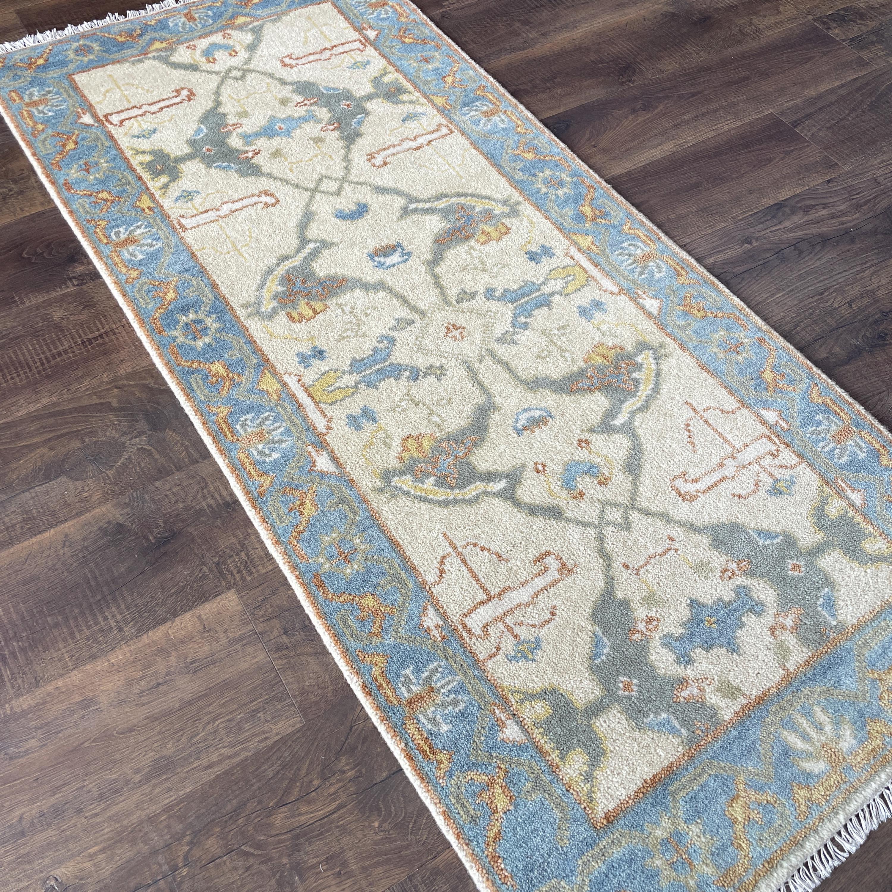 2'8"x6' Handmade Wool Rug – Light Blue & Beige Runner