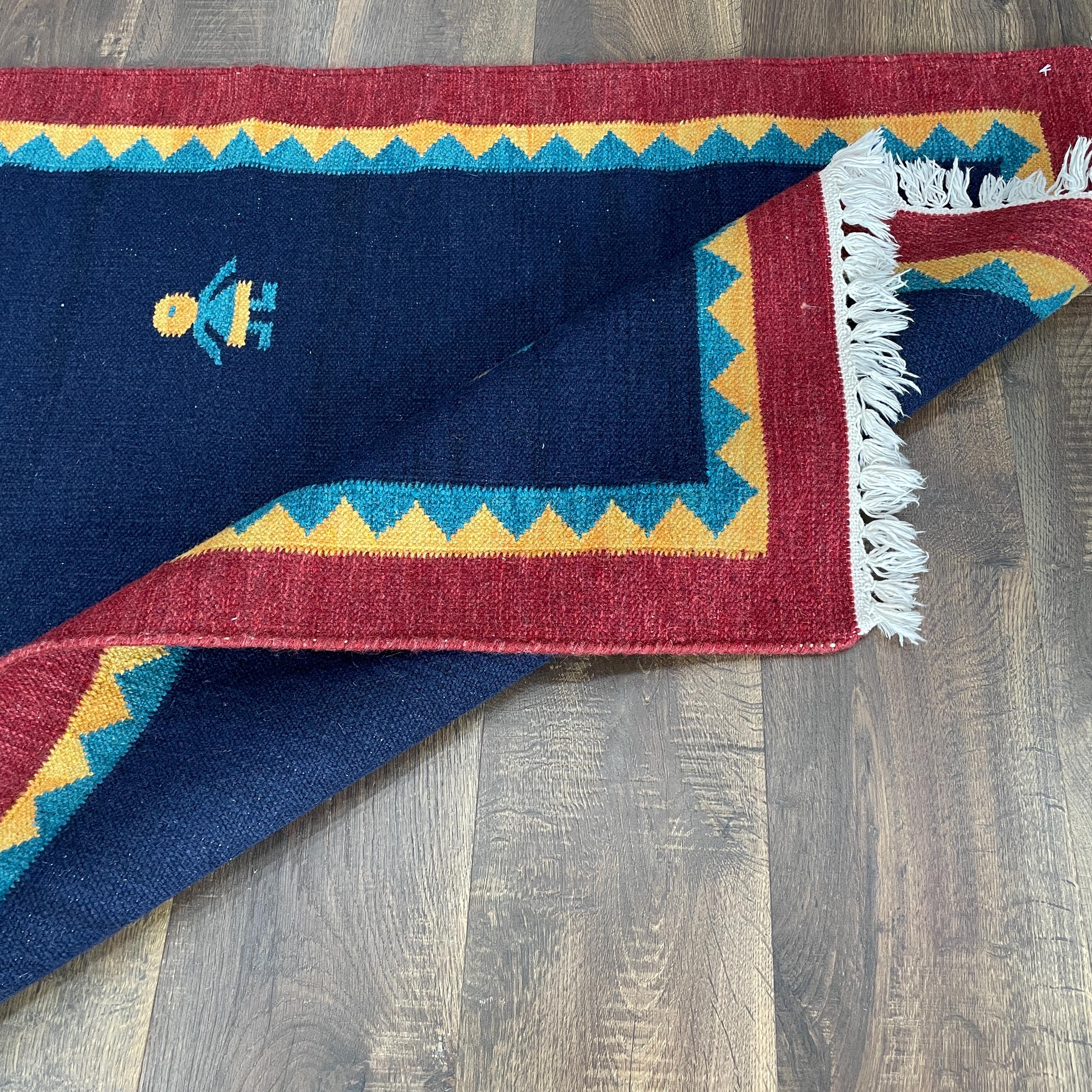 Handmade Wool Kilim Rug: Navy Blue Folk Art Bird Motif (3'2"x6'4")