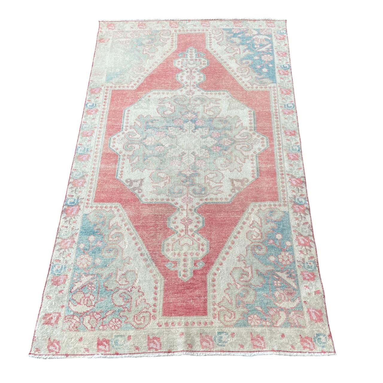4'x7' Handmade Hand-Knotted Turkish Rug – Vintage Pink and Aqua Medallion Wool Rug