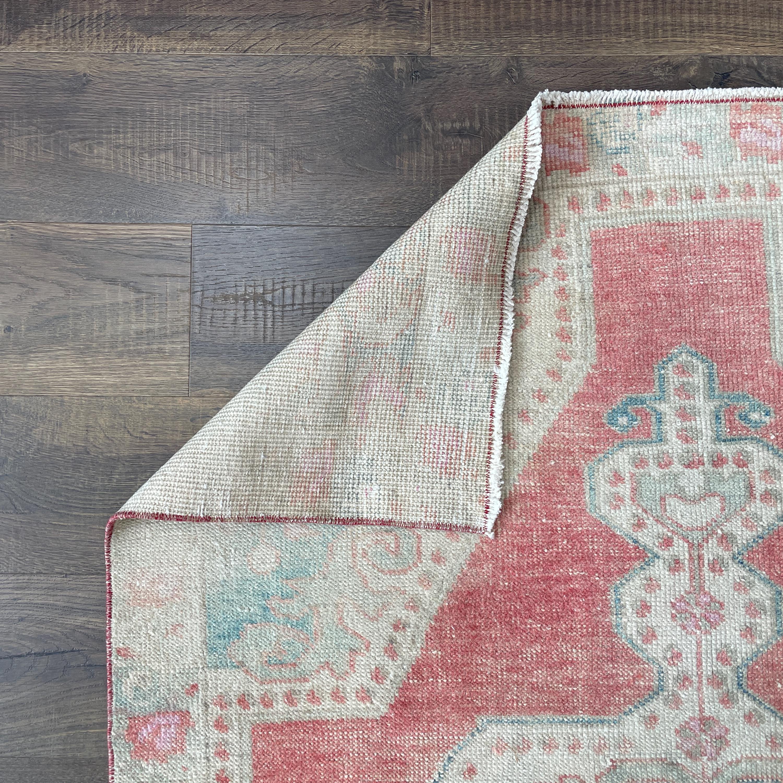 4'x7' Handmade Hand-Knotted Turkish Rug – Vintage Pink and Aqua Medallion Wool Rug