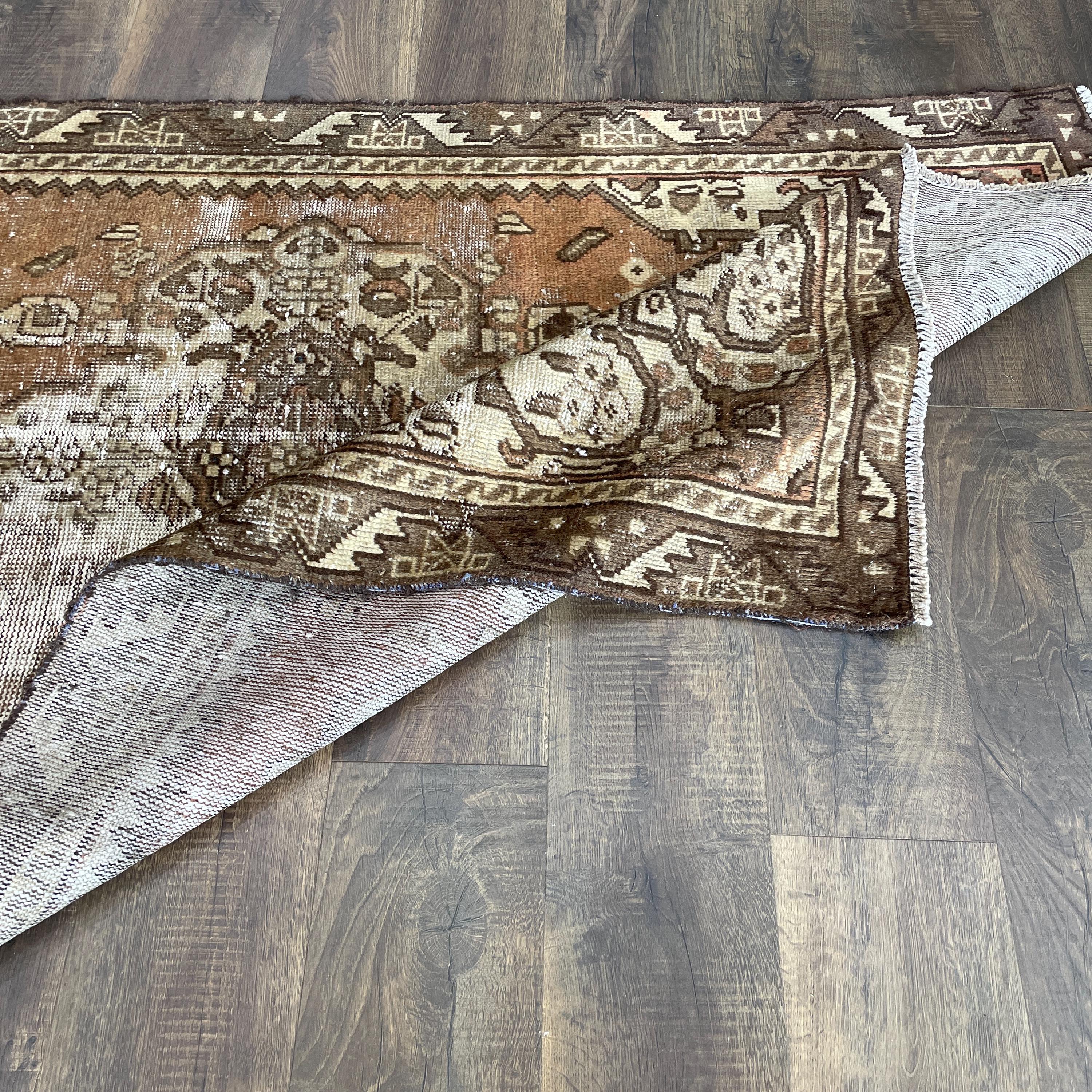 3'10"x6'5" Handmade Antique Turkish Wool Rug – Hand-Knotted Vintage Brown & Beige Medallion Carpet