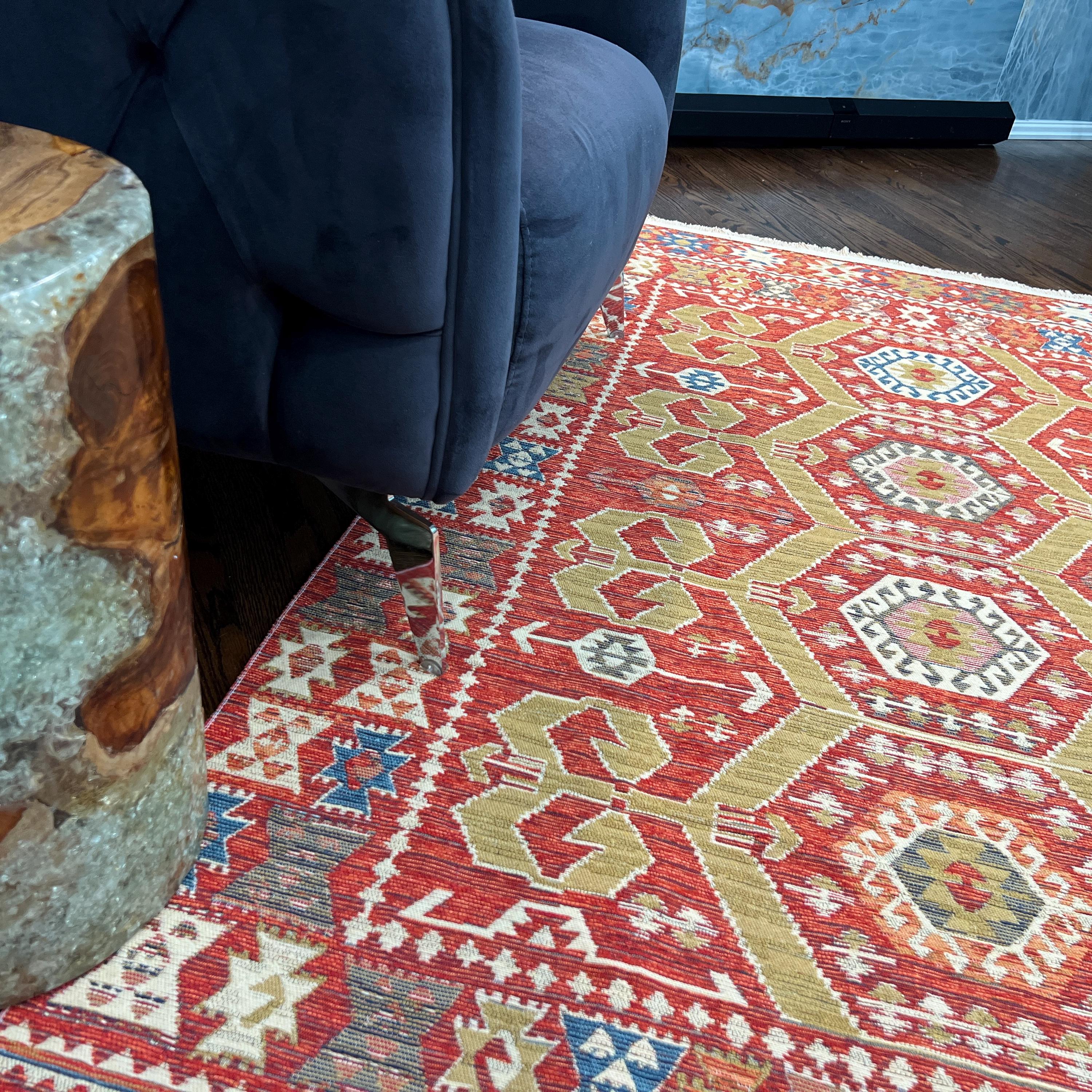 Turkish Kilim Rug with Hexagon Tribal Motifs – Red, Gold & Blue Flatweave - Multiple Sizes Available