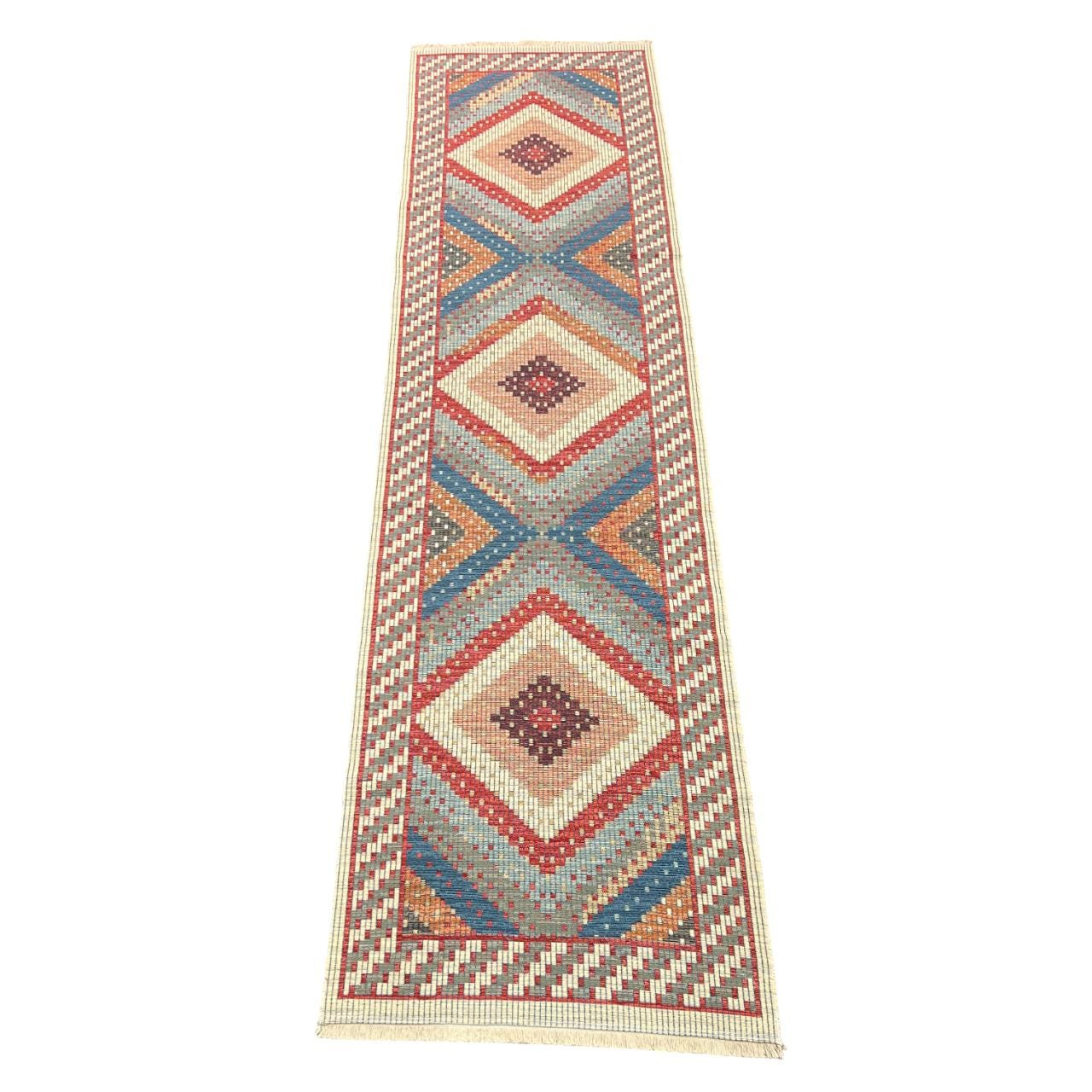 Diamond Kilim Style Rug: Red, Blue, Beige Flatweave