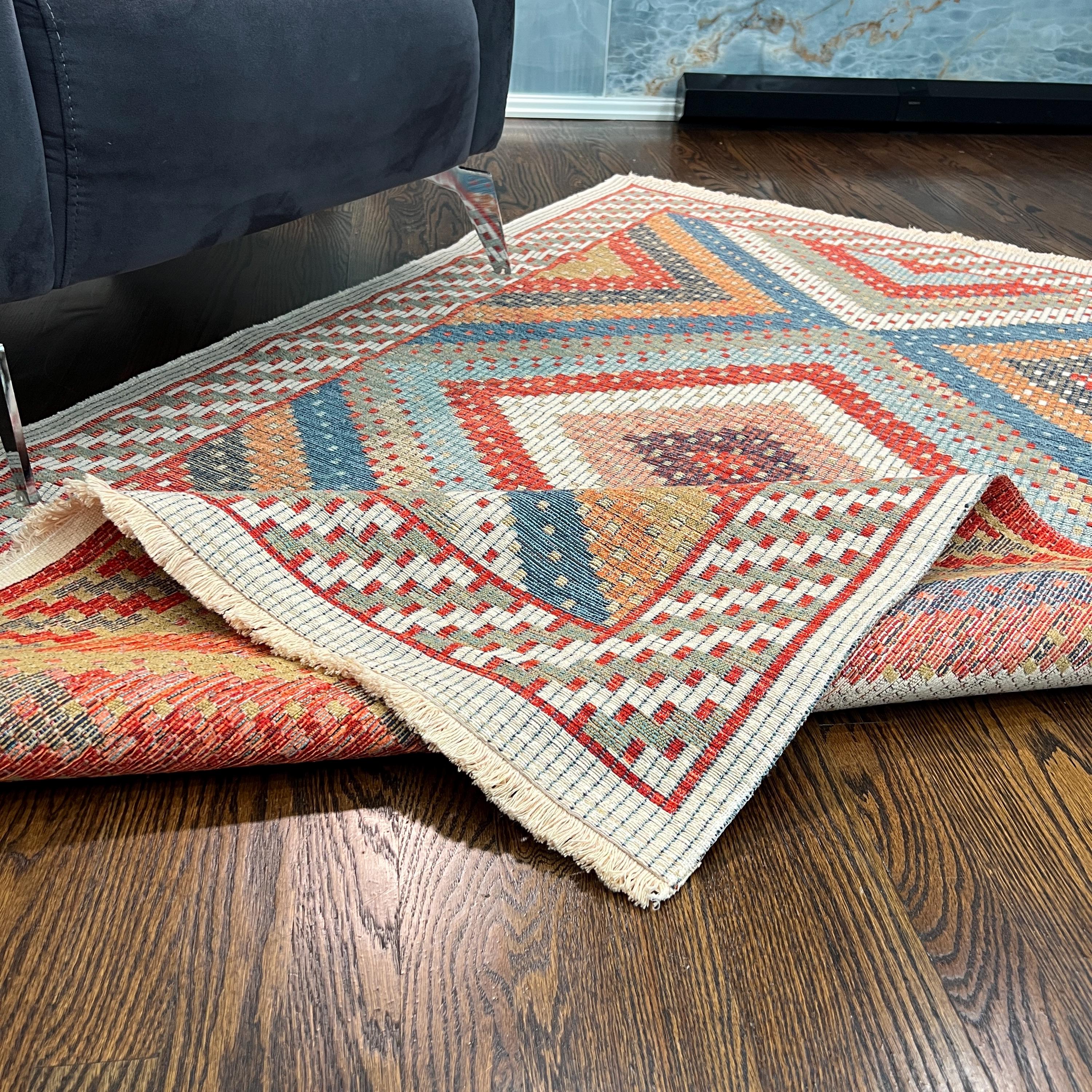 Diamond Kilim Style Rug: Red, Blue, Beige Flatweave