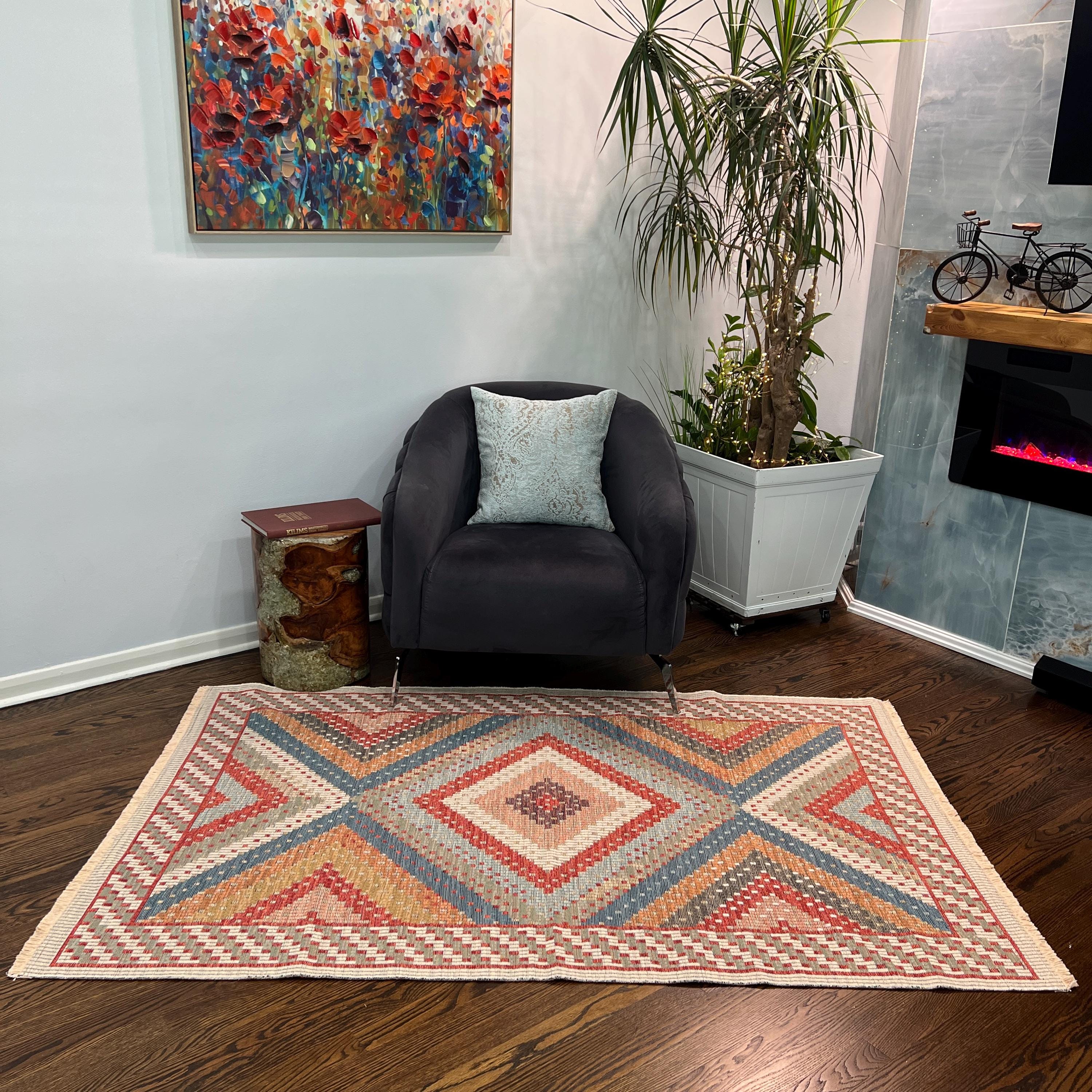 Diamond Kilim Style Rug: Red, Blue, Beige Flatweave