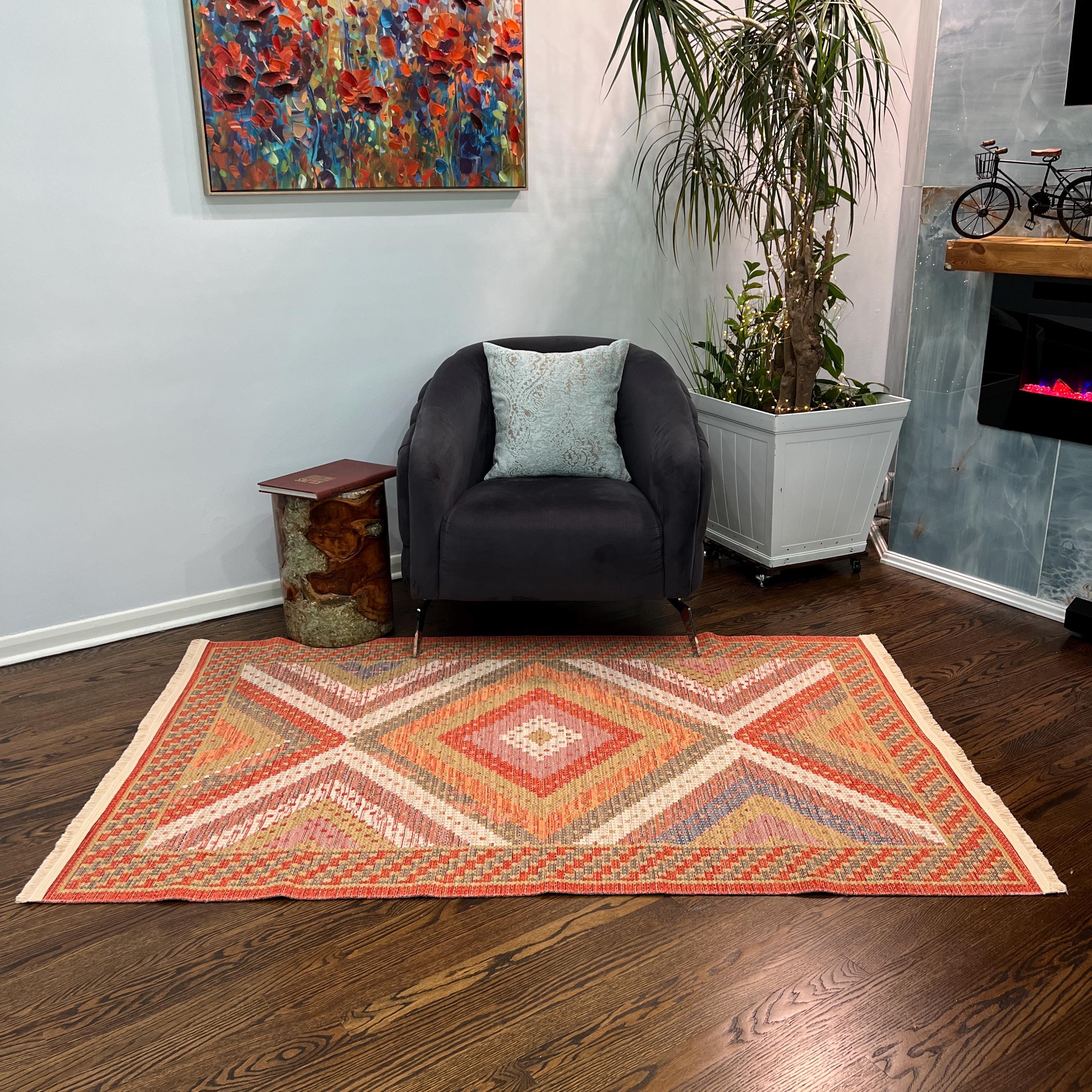 Orange Diamond Kilim Rug: Tribal Flat-Weave Cotton Blend