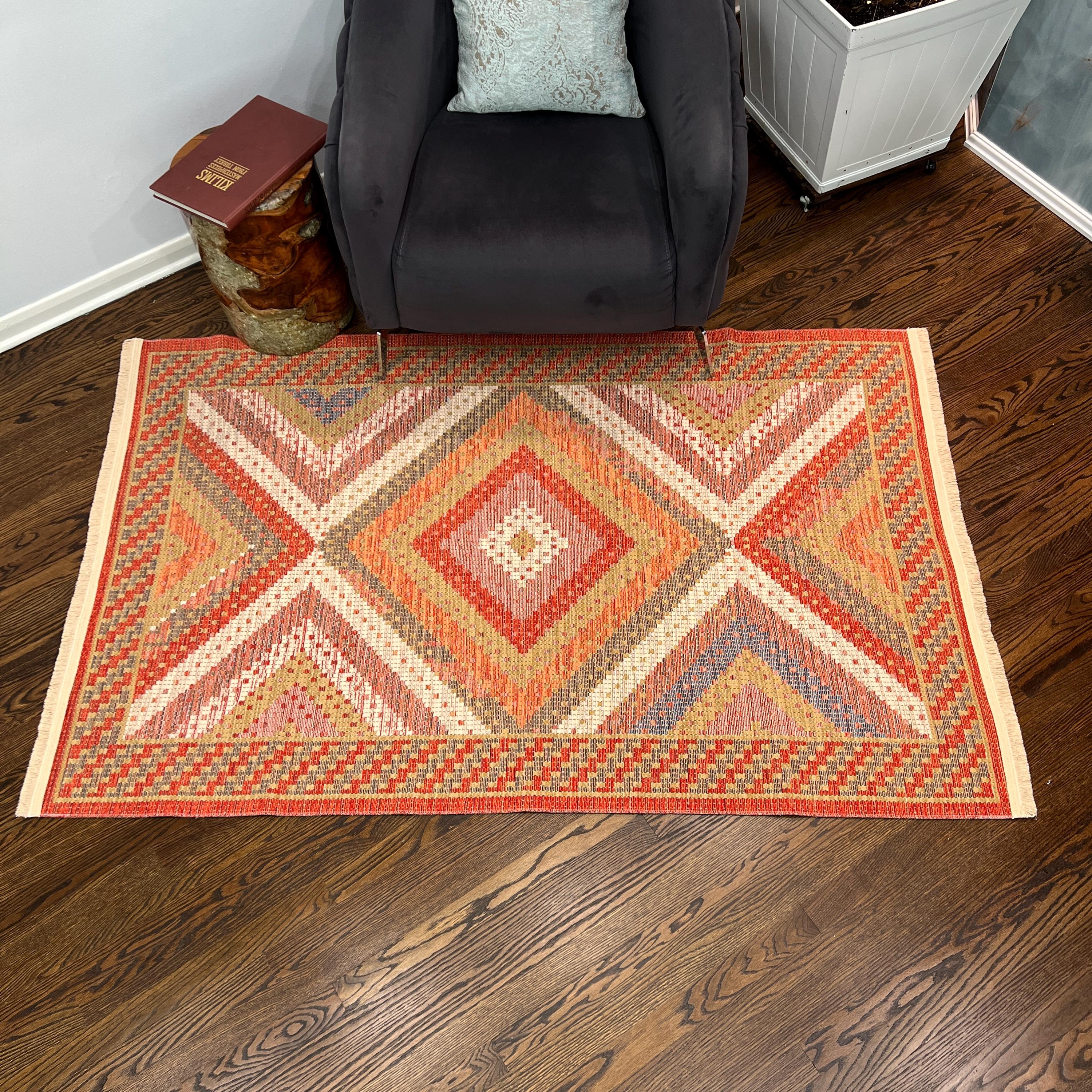 Orange Diamond Kilim Rug: Tribal Flat-Weave Cotton Blend