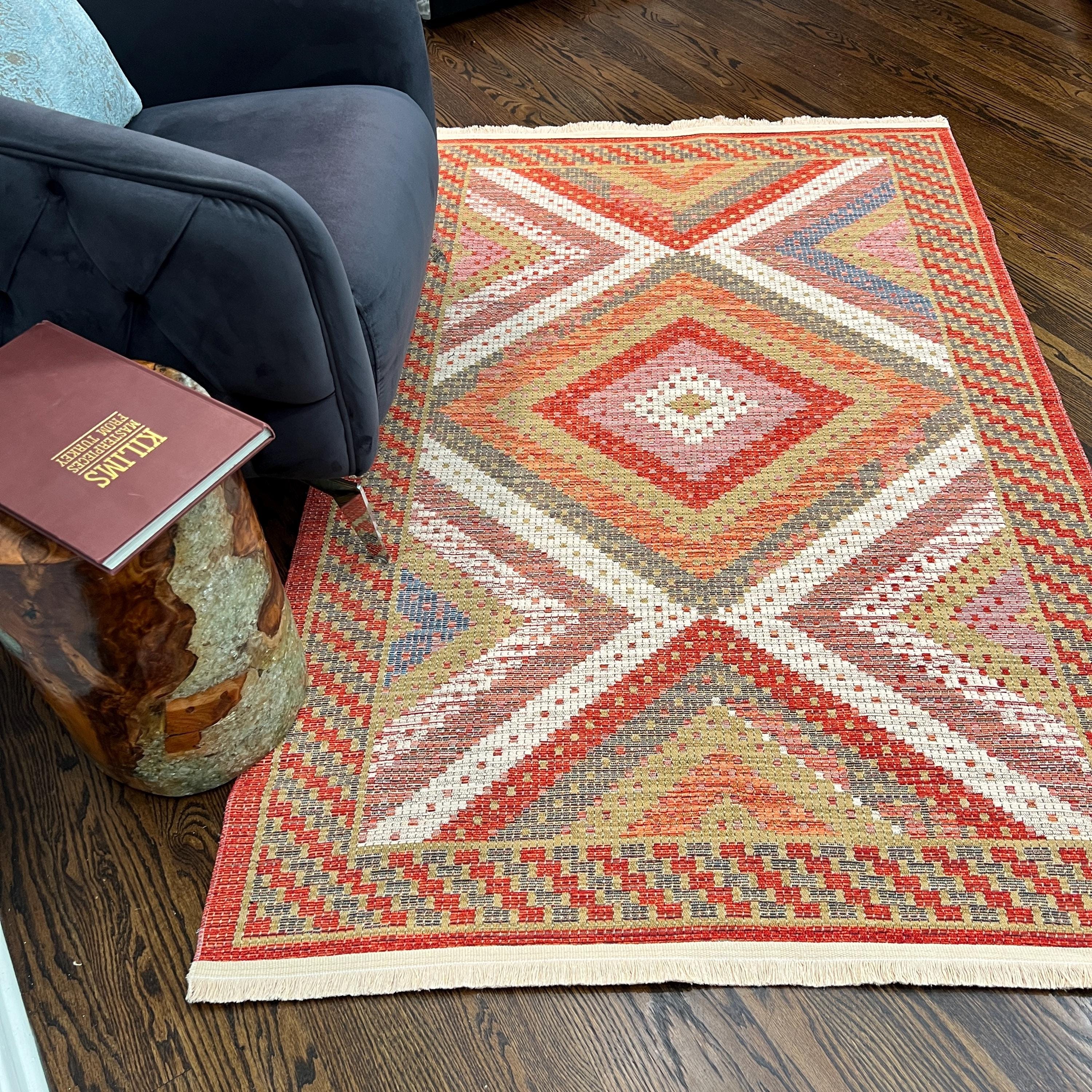 Orange Diamond Kilim Rug: Tribal Flat-Weave Cotton Blend