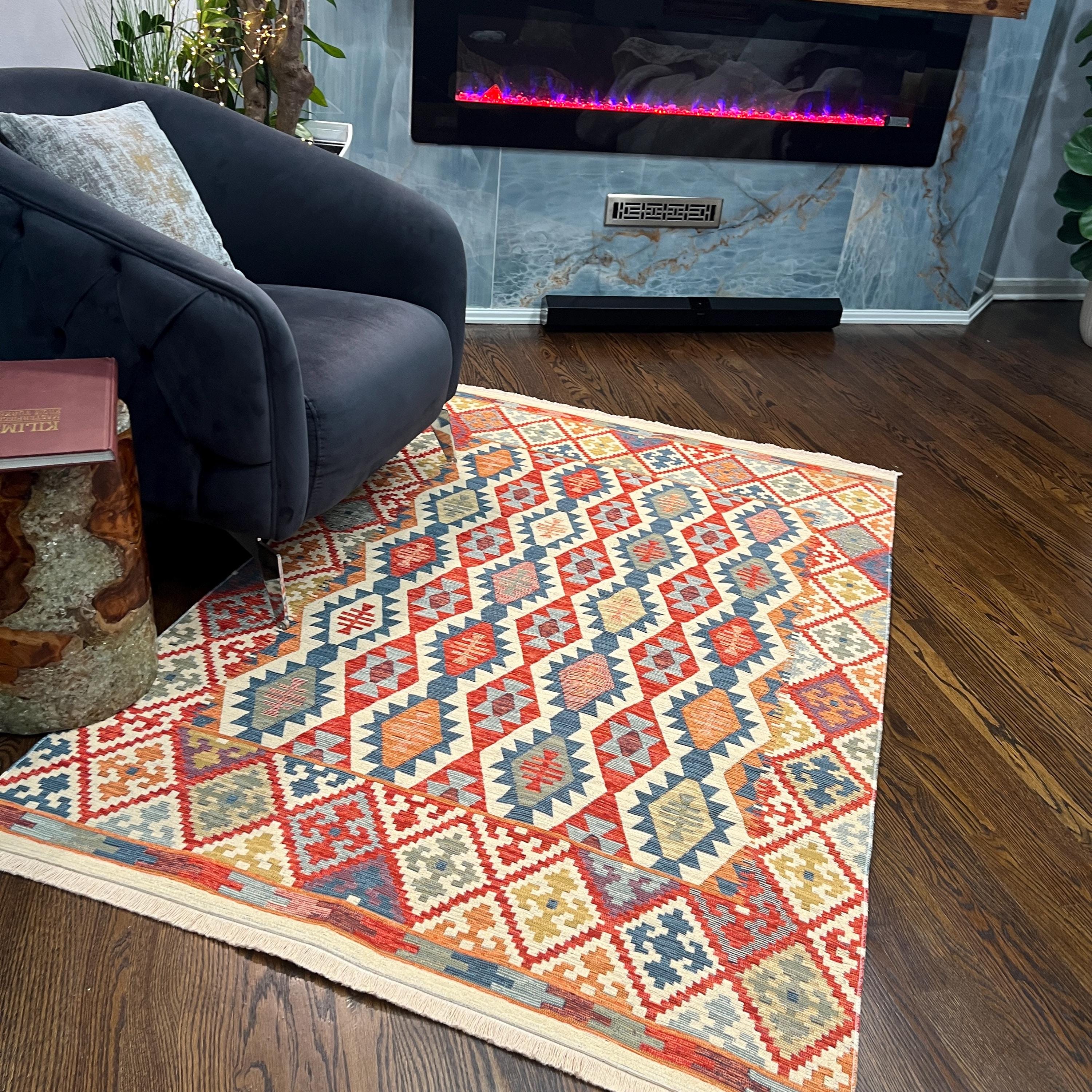 Red Turkish Kilim Rug: Geometric Cotton Flatweave - Woven in Turkey