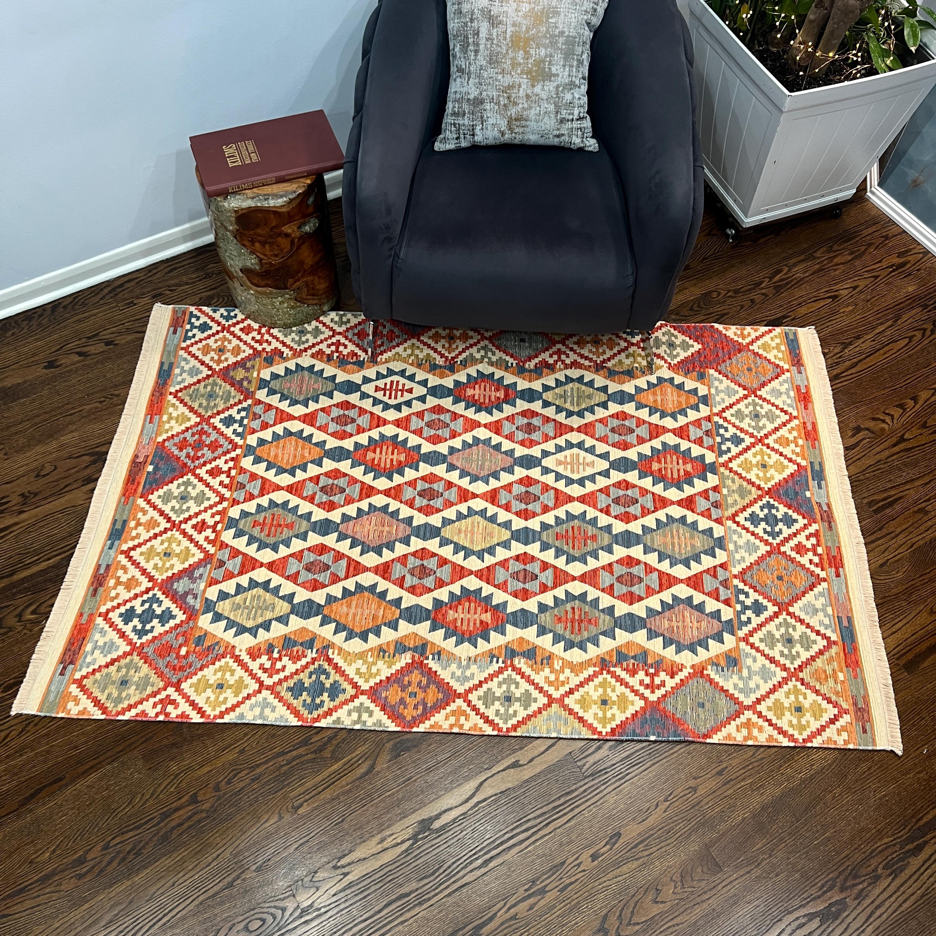 Red Turkish Kilim Rug: Geometric Cotton Flatweave - Woven in Turkey