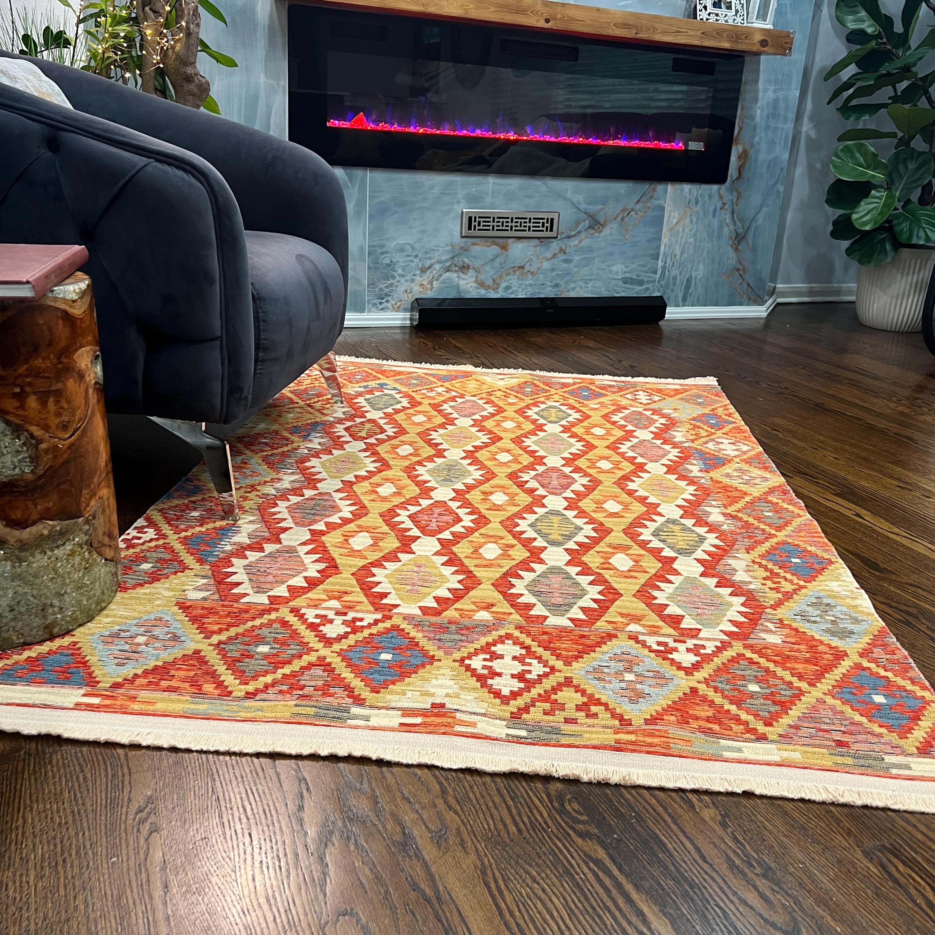 Red, Mustard Tribal Kilim Style Rug – Geometric Flatweave Cotton Runner & Area Rug
