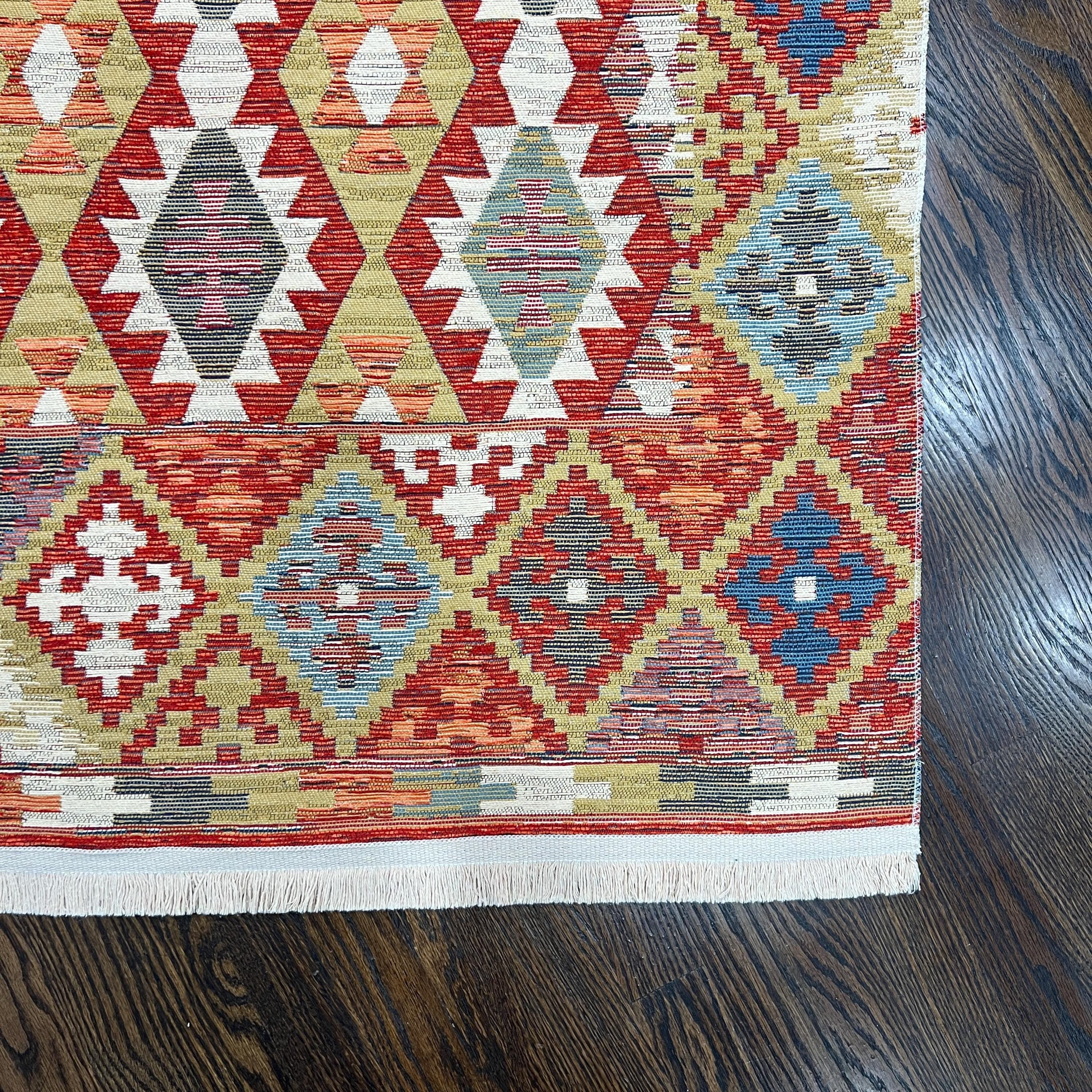 Red, Mustard Tribal Kilim Style Rug – Geometric Flatweave Cotton Runner & Area Rug