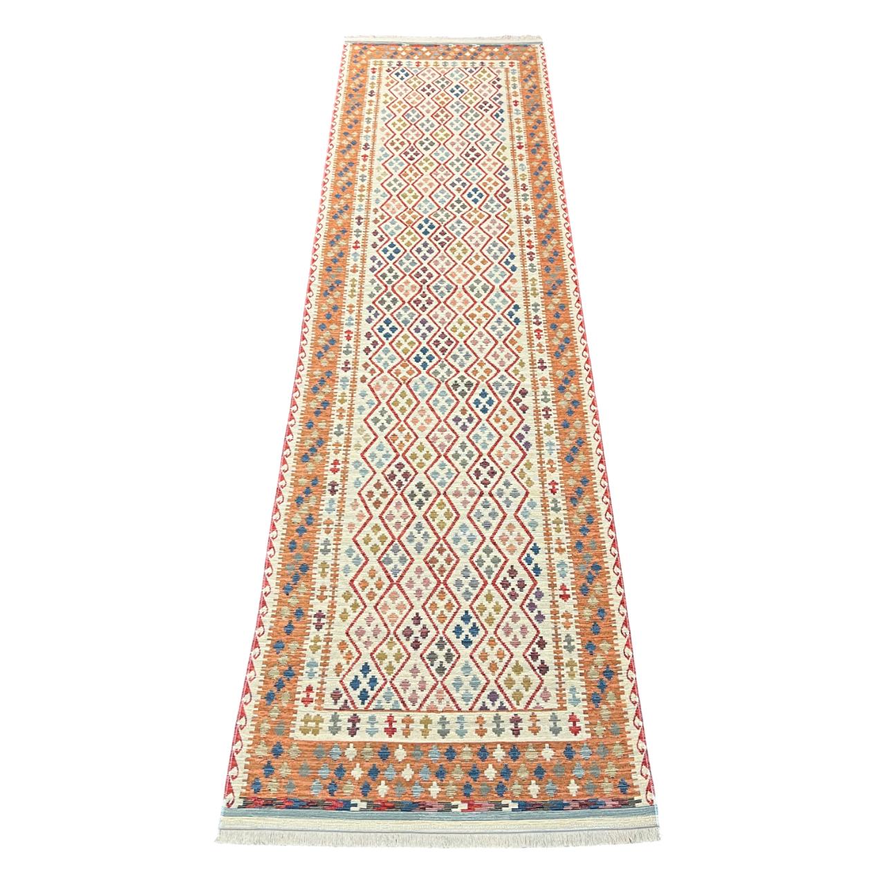 Pastel Tribal Kilim Style Rug – Orange, Cream & Multicolor Flatweave – Runner or Area Rug