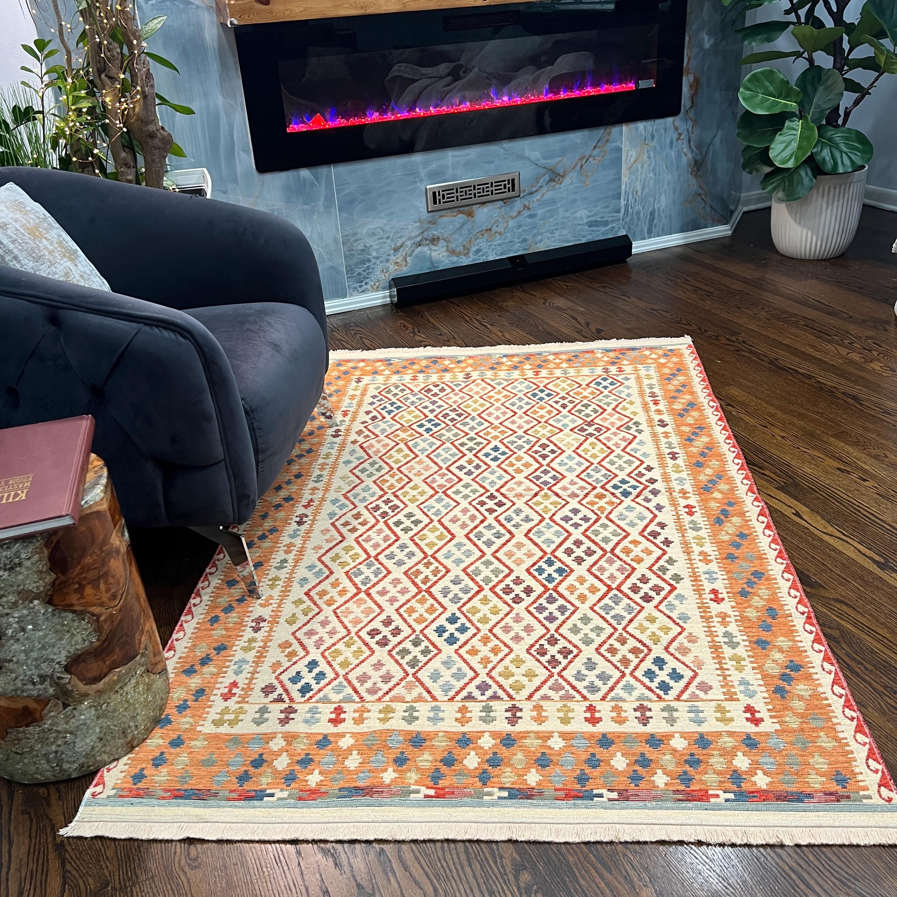 Pastel Tribal Kilim Style Rug – Orange, Cream & Multicolor Flatweave – Runner or Area Rug