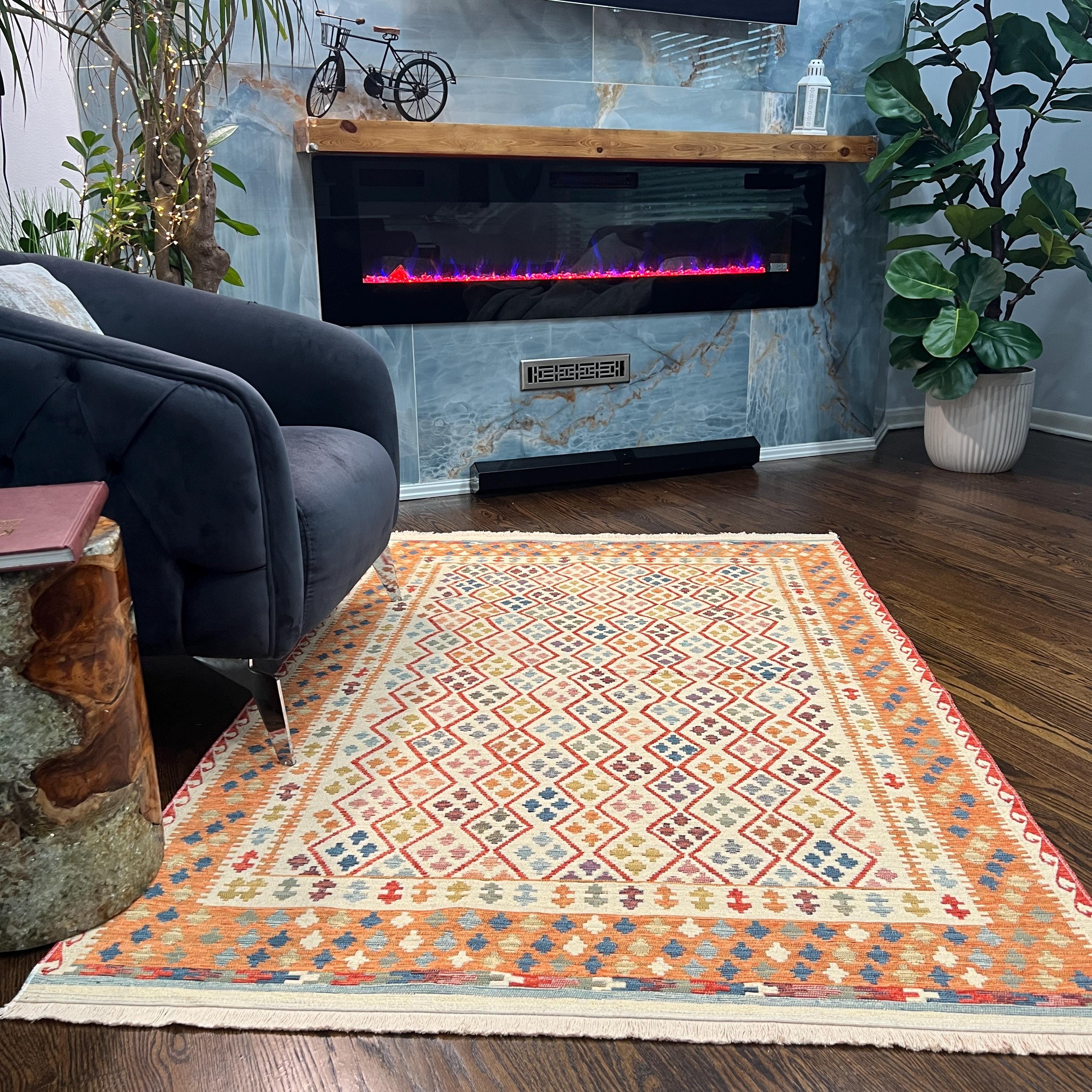 Pastel Tribal Kilim Style Rug – Orange, Cream & Multicolor Flatweave – Runner or Area Rug