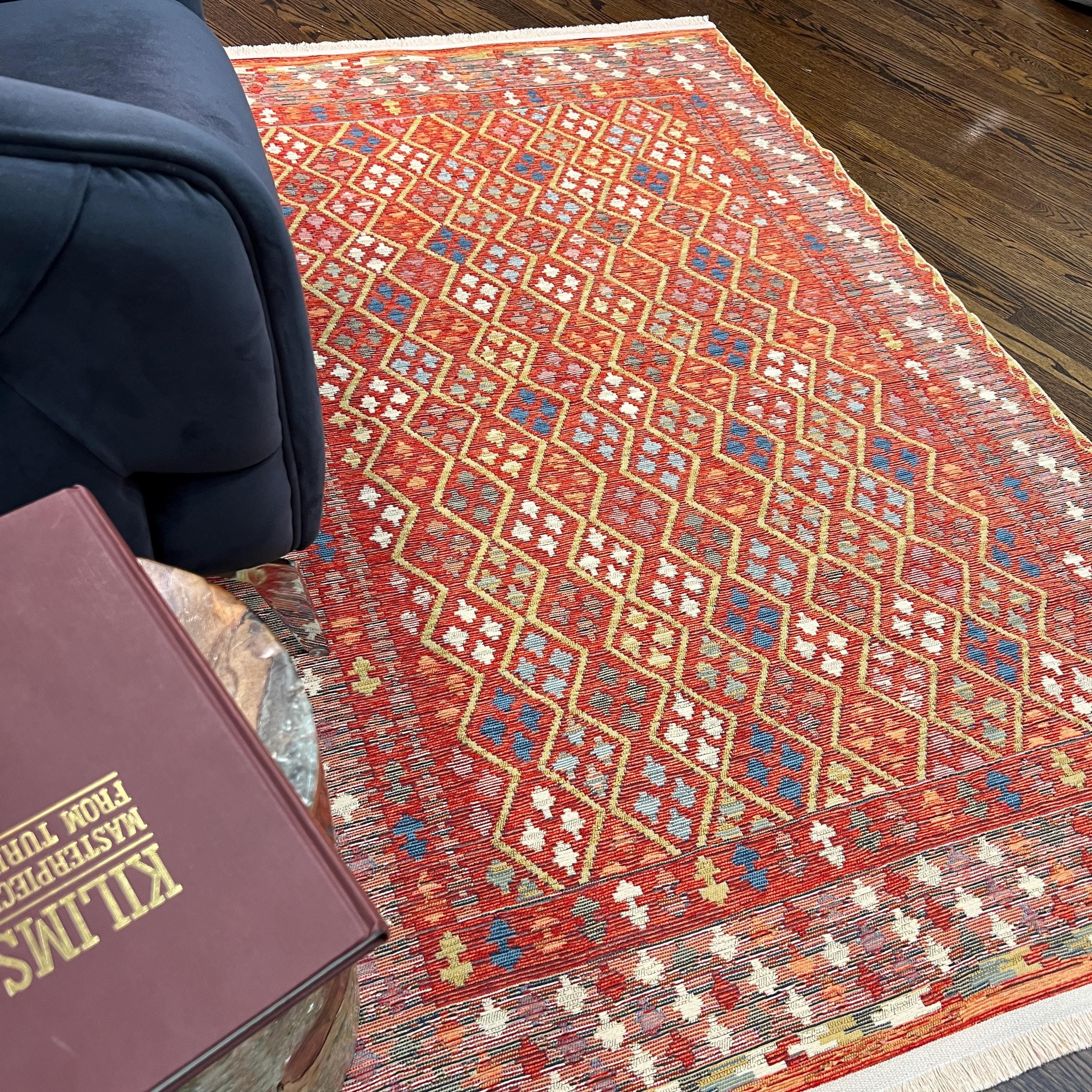 Red Kilim Style Cotton Rug: Tribal Turkish Design, Reversible Flatweave