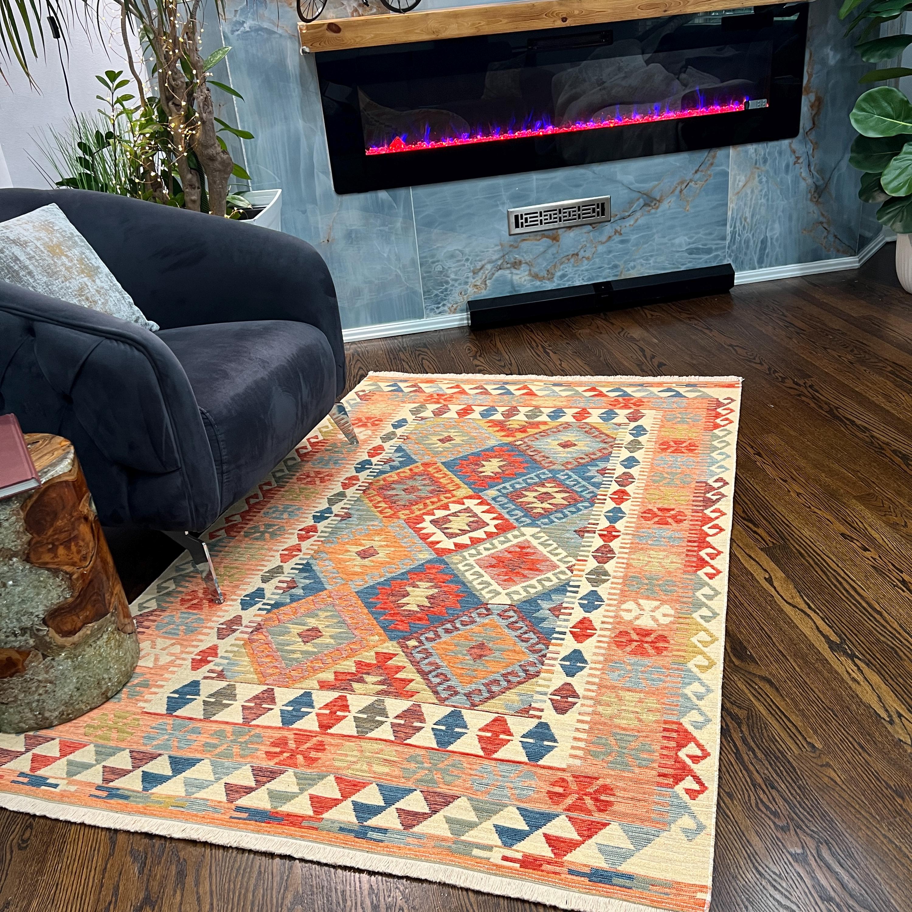 Boho Kilim Area Rug: Vibrant Tribal Diamond Design, Lightweight Cotton Flatweave