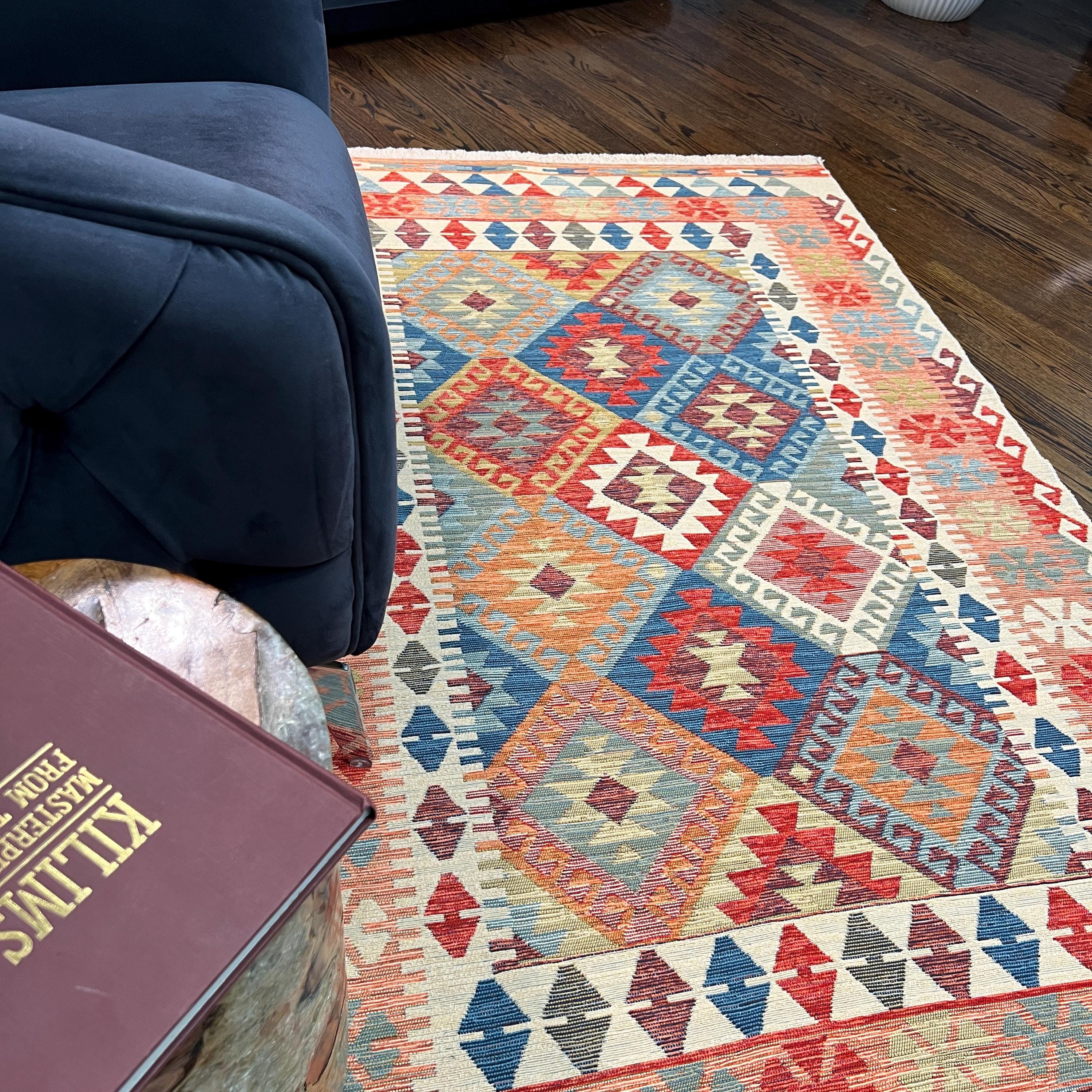 Boho Kilim Area Rug: Vibrant Tribal Diamond Design, Lightweight Cotton Flatweave