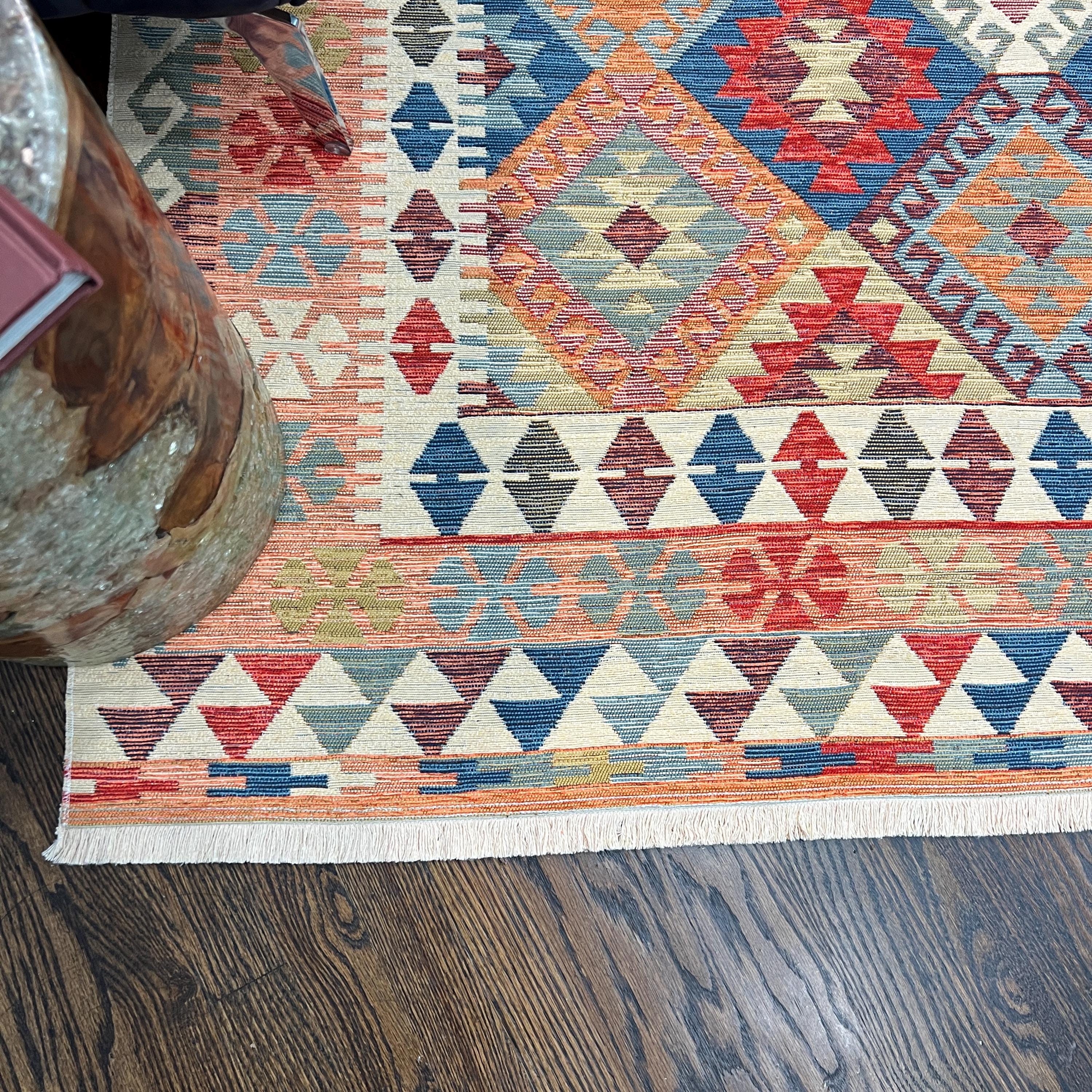 Boho Kilim Area Rug: Vibrant Tribal Diamond Design, Lightweight Cotton Flatweave