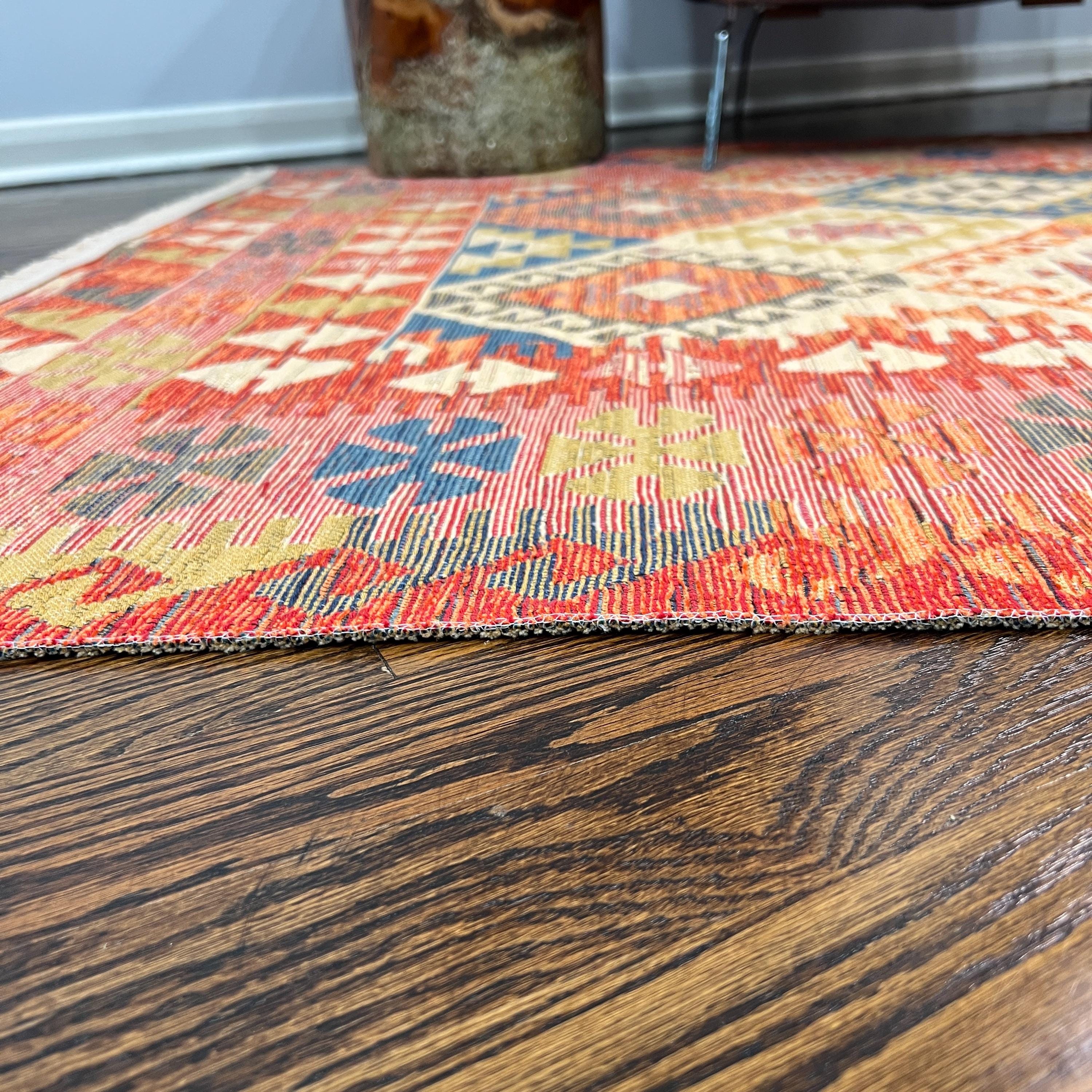 Boho Cotton Kilim Rug: Vibrant Tribal Diamond Design