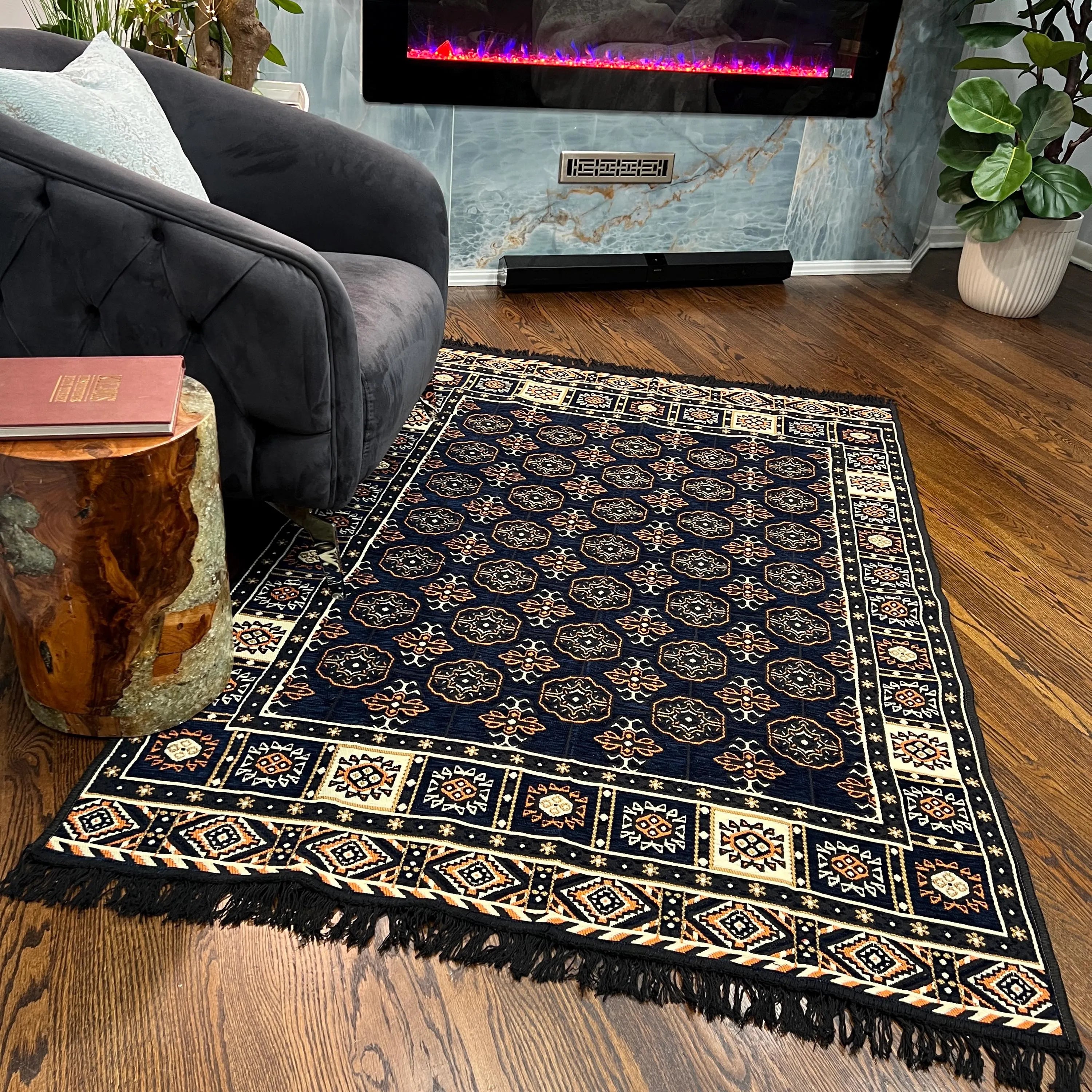 4'x6'2" Boho Style Rug – 90% Cotton Flatweave with Tribal Border Kilim