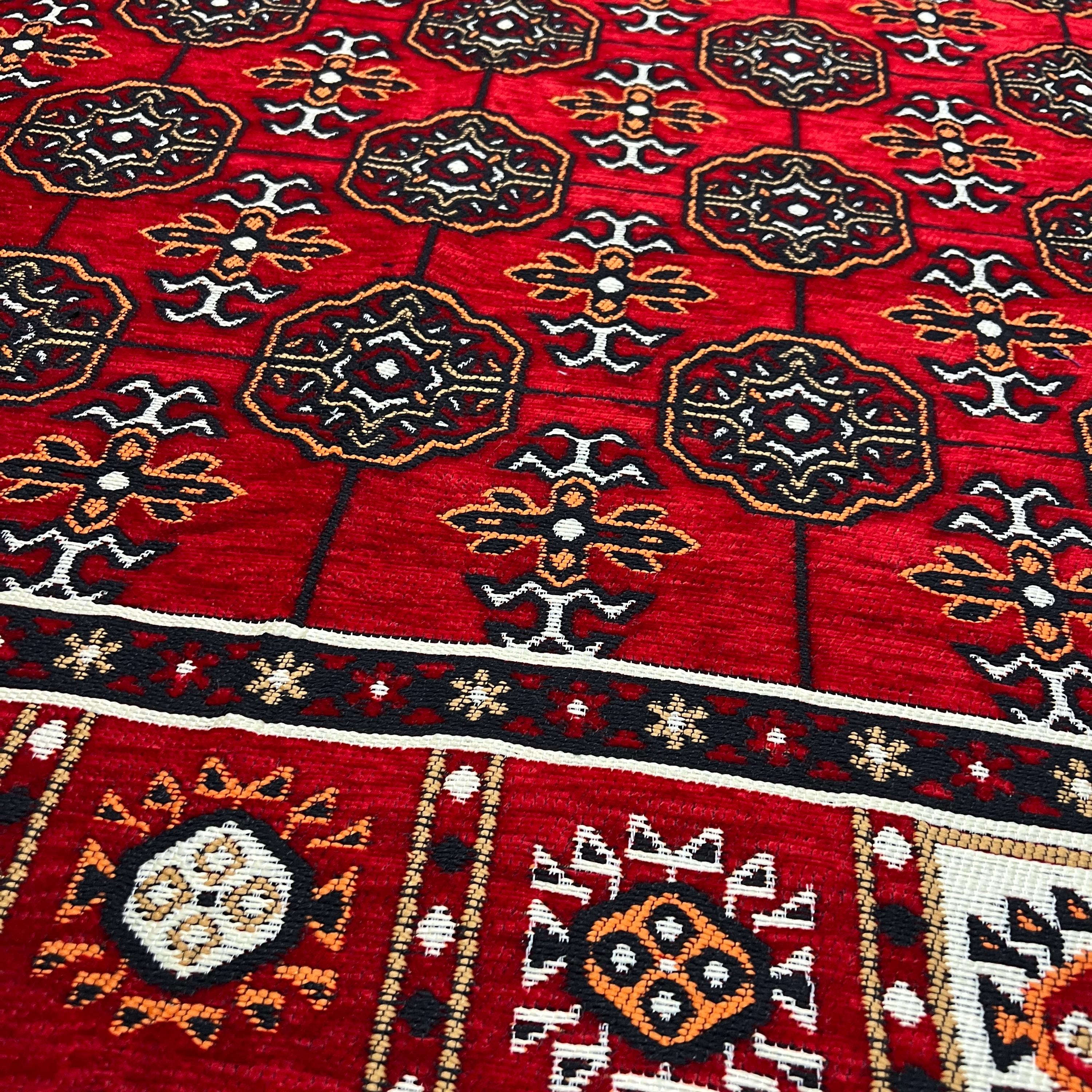 4'x6'2" Red Boho Style Rug – 90% Cotton Flatweave with Tribal Border