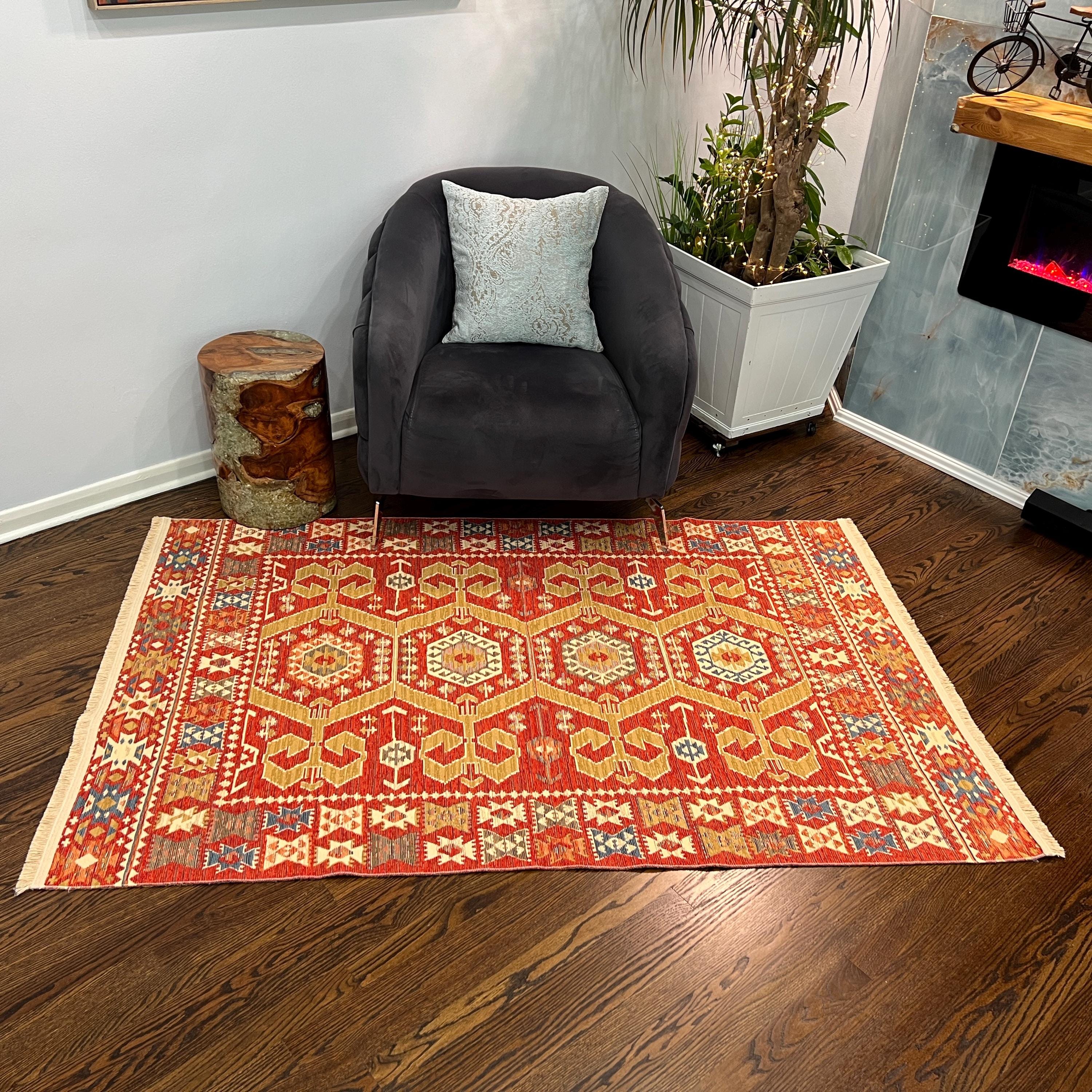 Turkish Kilim Rug with Hexagon Tribal Motifs – Red, Gold & Blue Flatweave - Multiple Sizes Available