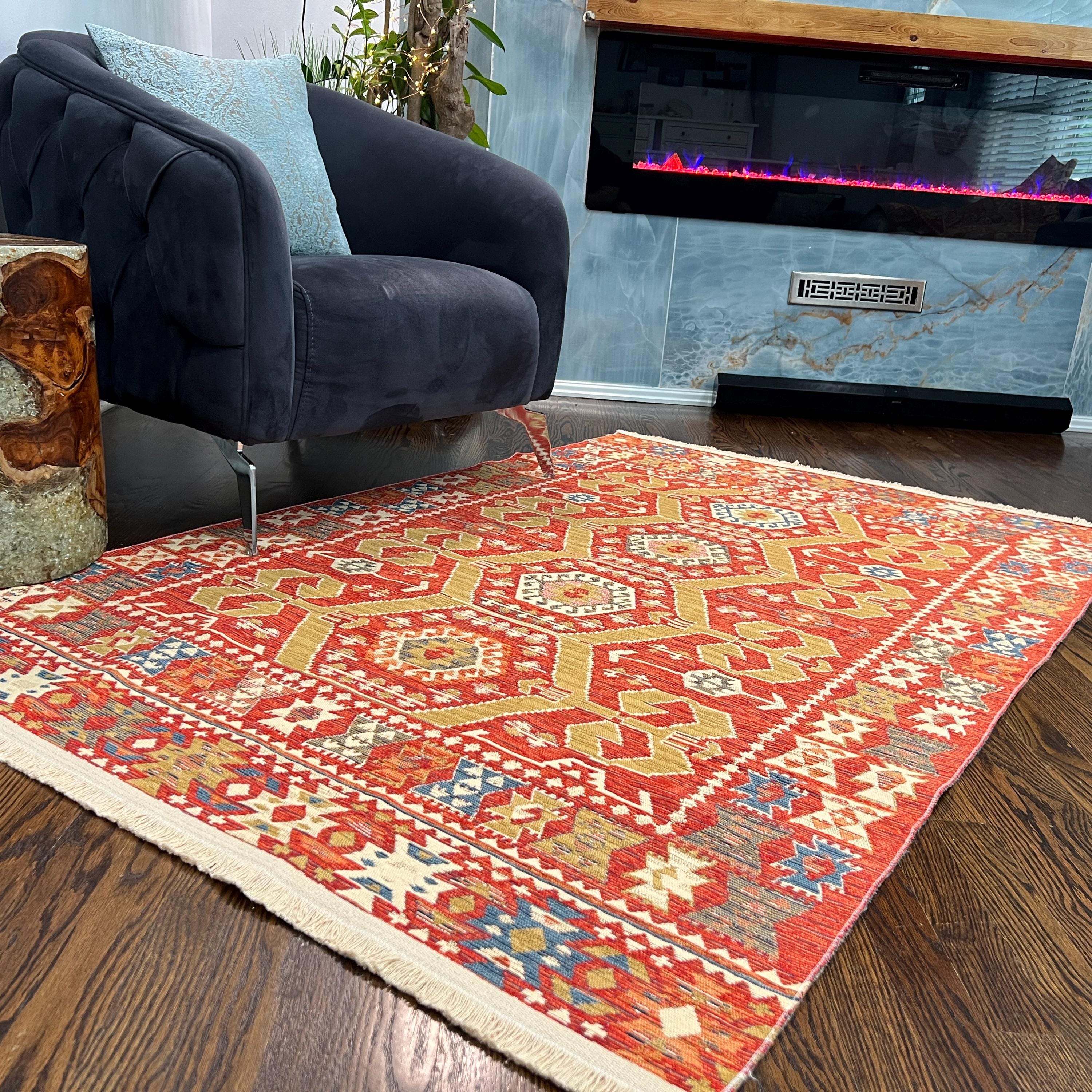 Turkish Kilim Rug with Hexagon Tribal Motifs – Red, Gold & Blue Flatweave - Multiple Sizes Available