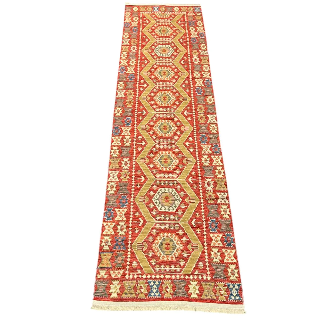 Turkish Kilim Rug with Hexagon Tribal Motifs – Red, Gold & Blue Flatweave - Multiple Sizes Available