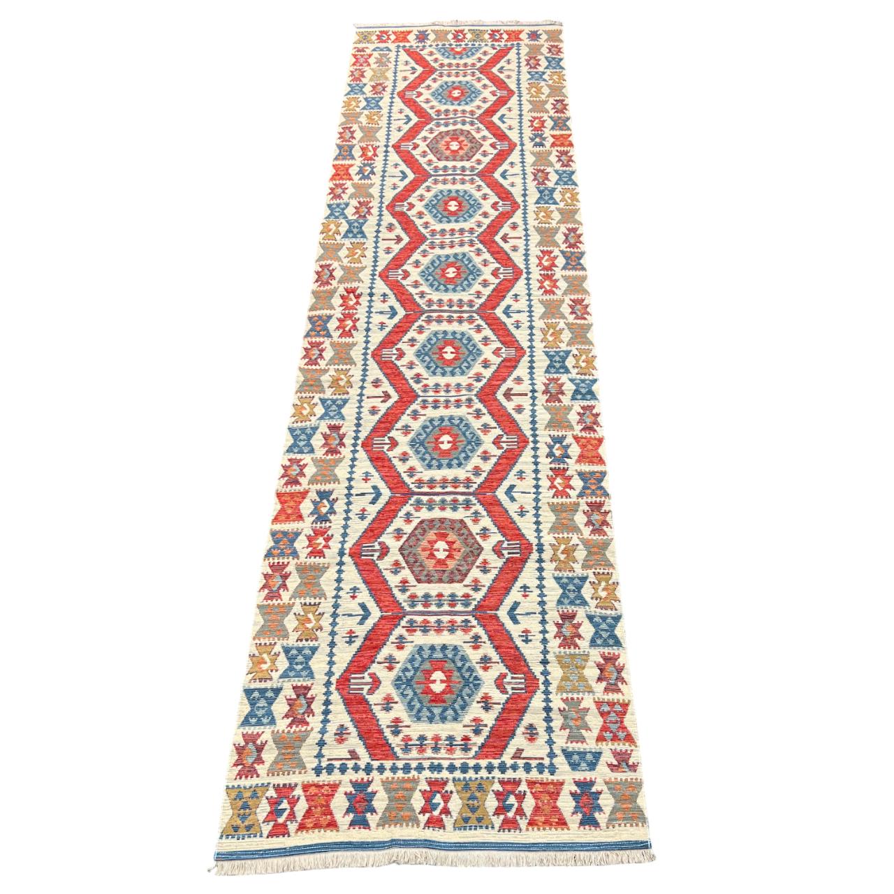 Turkish Kilim Style Rug – Cream, Red & Blue Tribal Geometric Flatweave – Multiple Sizes Available