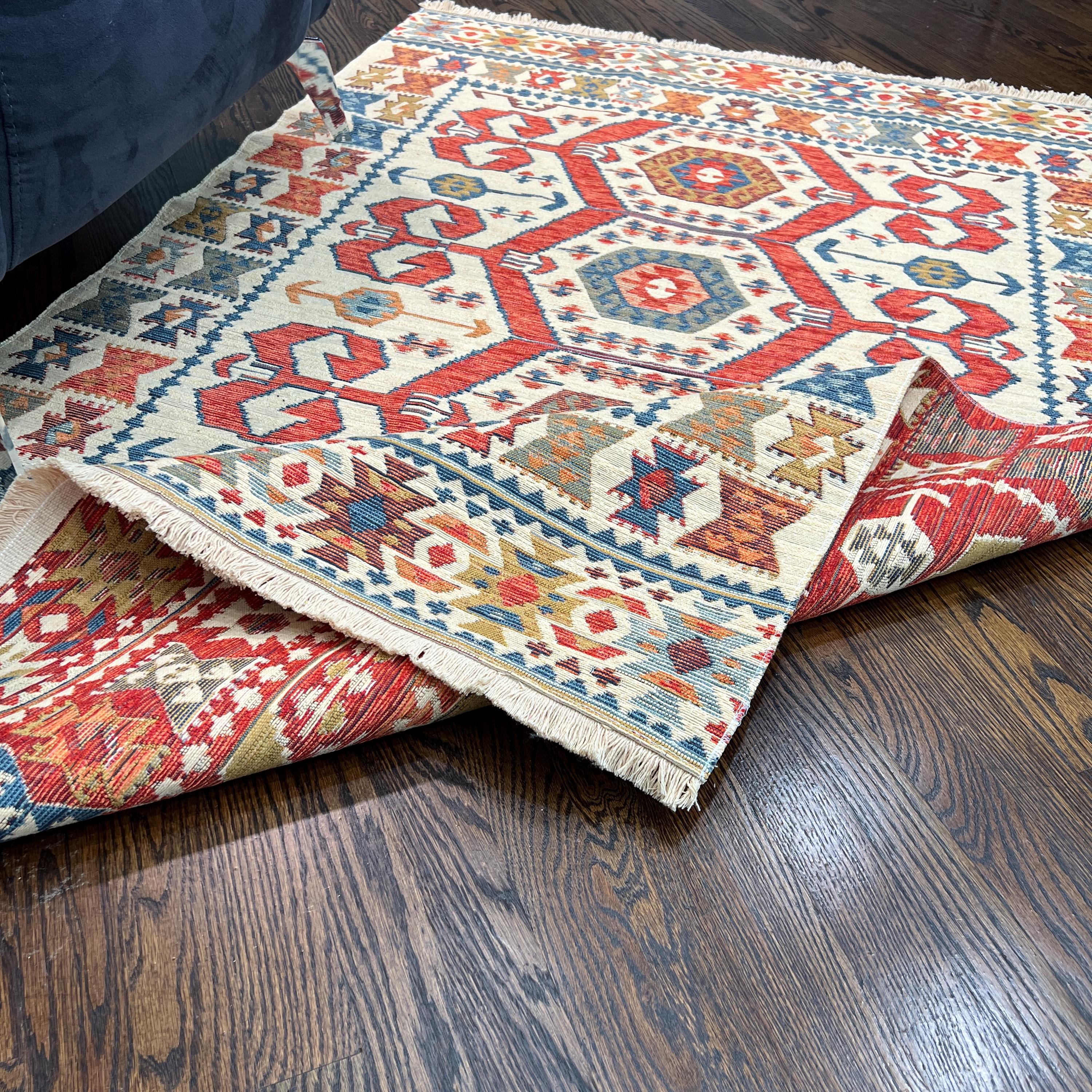 Turkish Kilim Style Rug – Cream, Red & Blue Tribal Geometric Flatweave – Multiple Sizes Available