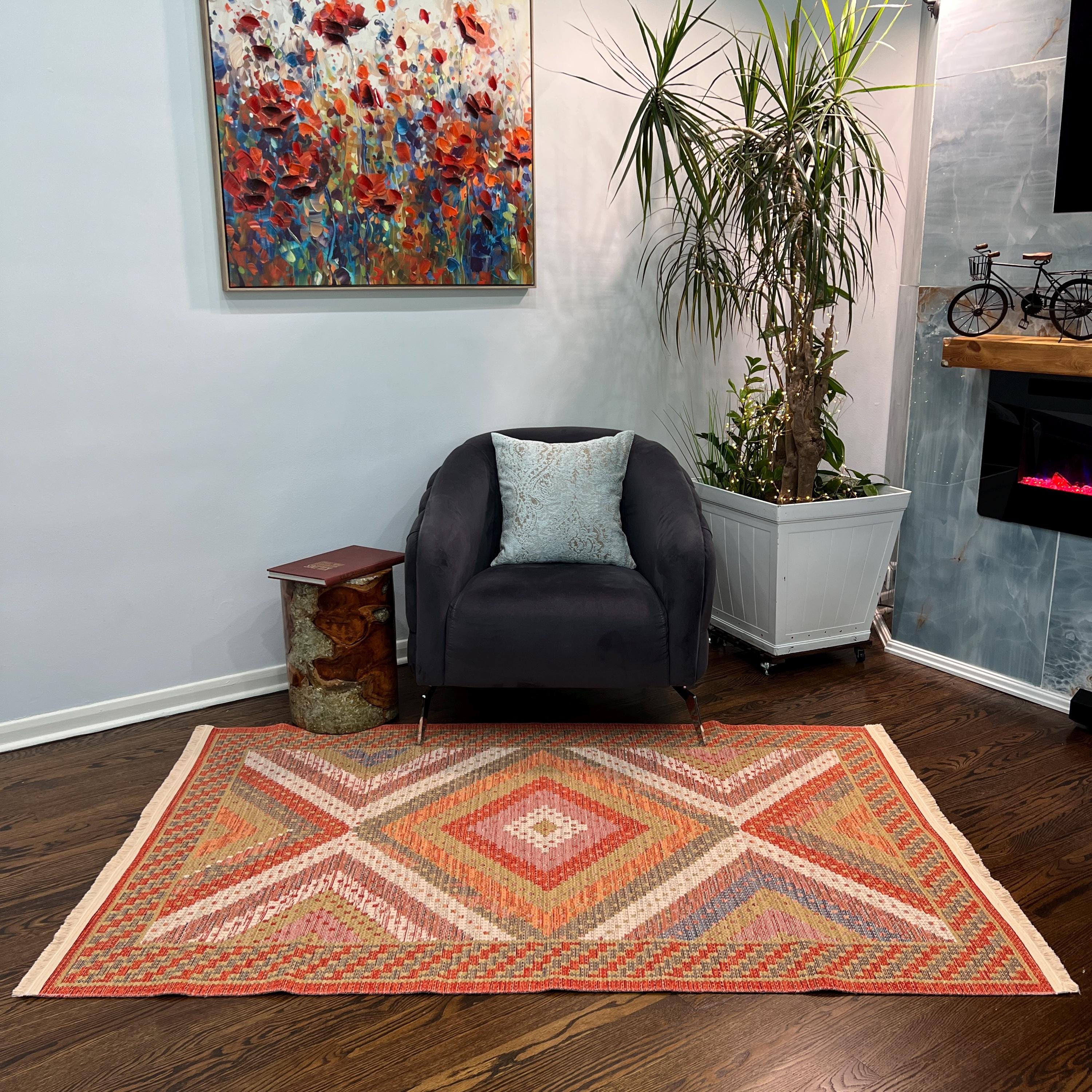 Orange Diamond Kilim Rug: Tribal Flat-Weave Cotton Blend