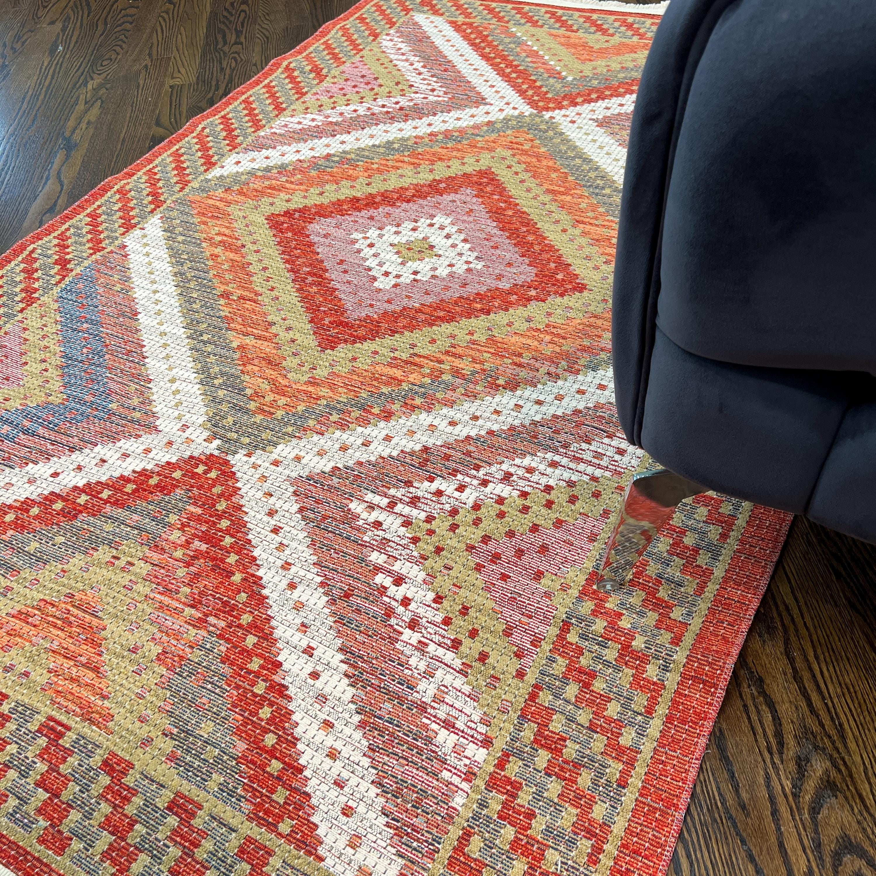 Orange Diamond Kilim Rug: Tribal Flat-Weave Cotton Blend