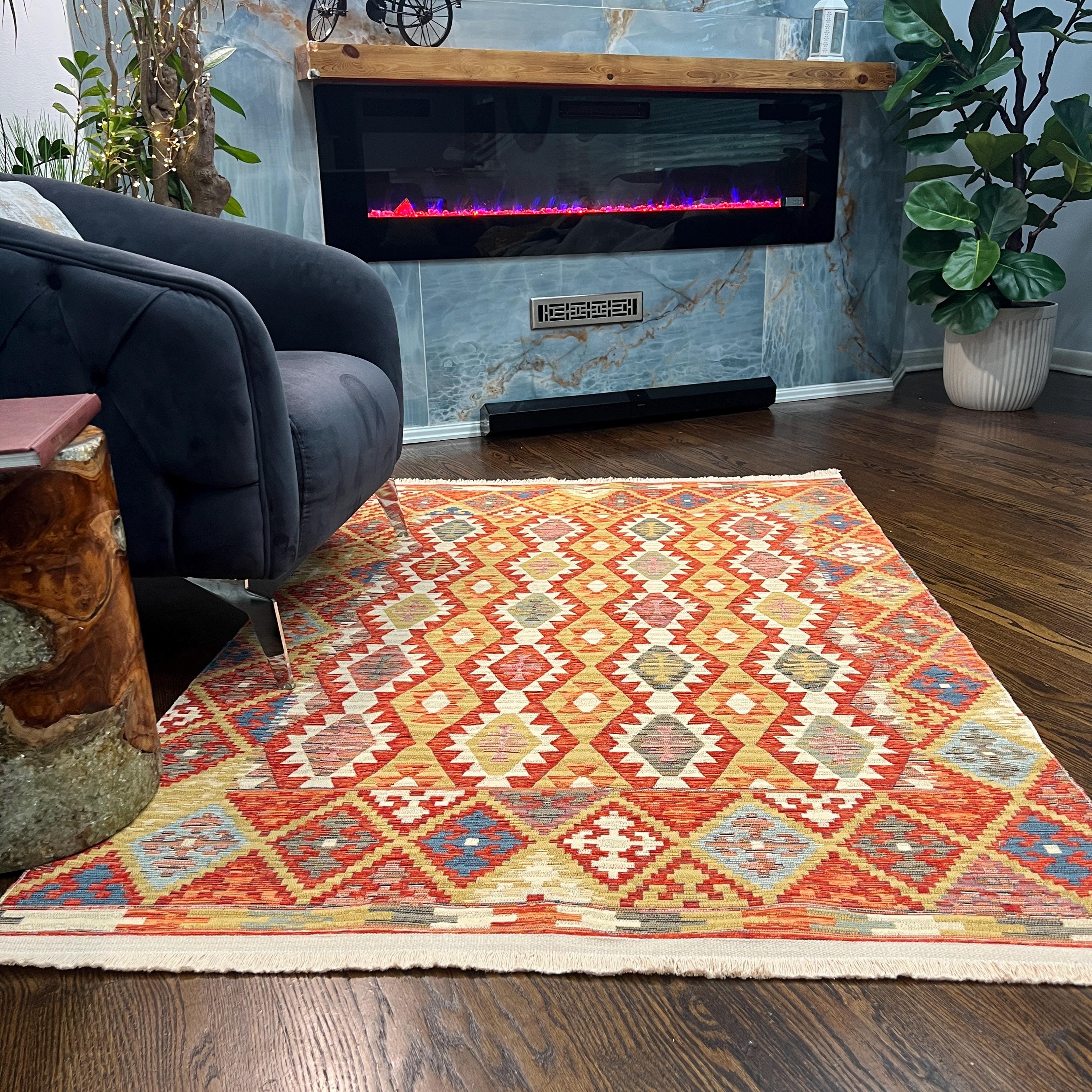 Red, Mustard Tribal Kilim Style Rug – Geometric Flatweave Cotton Runner & Area Rug