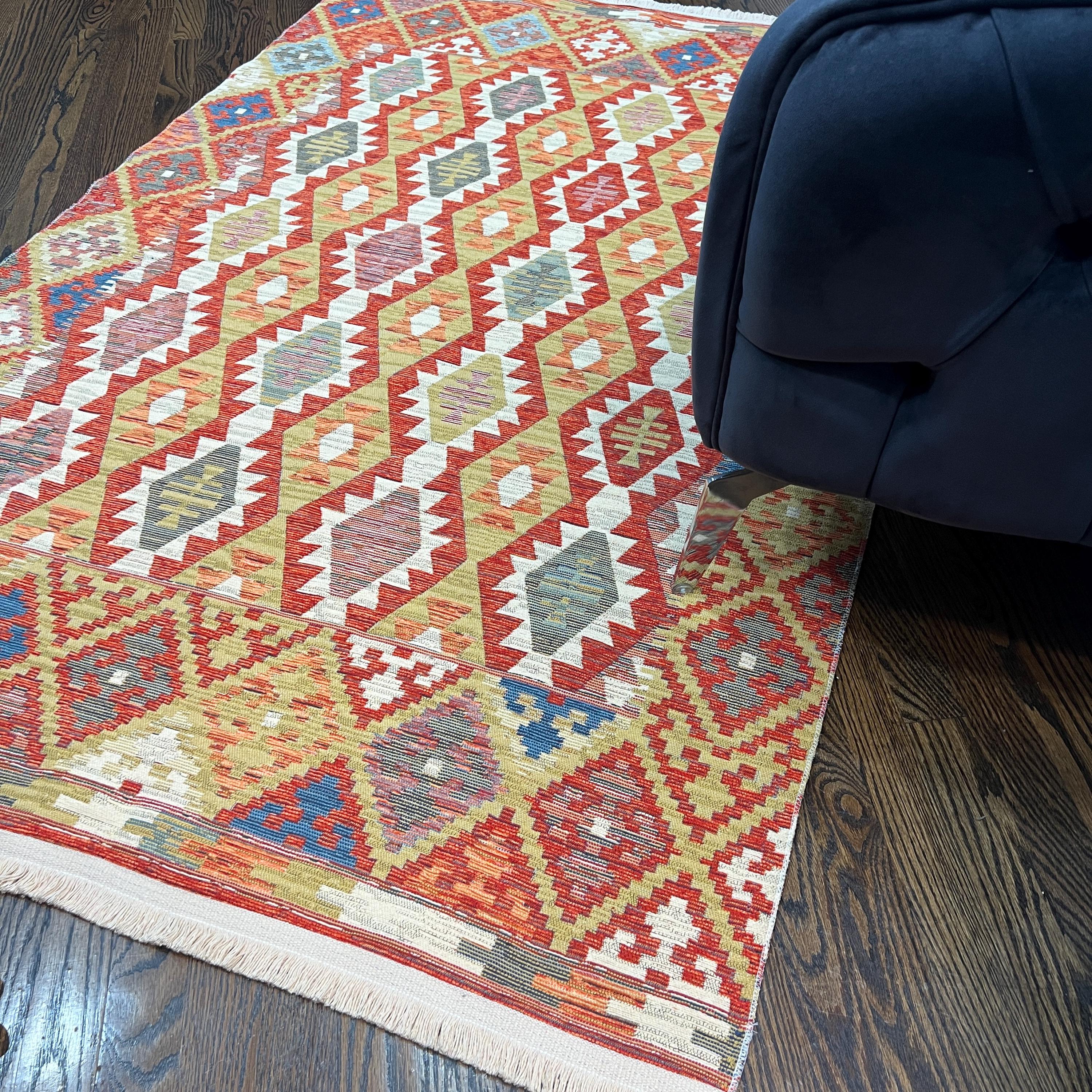 Red, Mustard Tribal Kilim Style Rug – Geometric Flatweave Cotton Runner & Area Rug