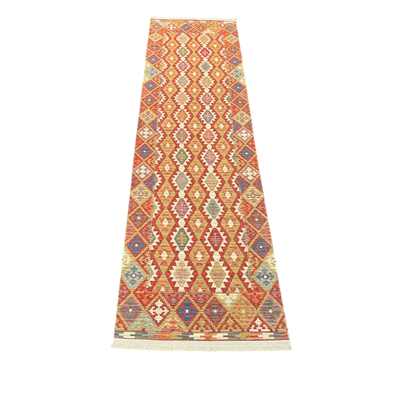 Red, Mustard Tribal Kilim Style Rug – Geometric Flatweave Cotton Runner & Area Rug