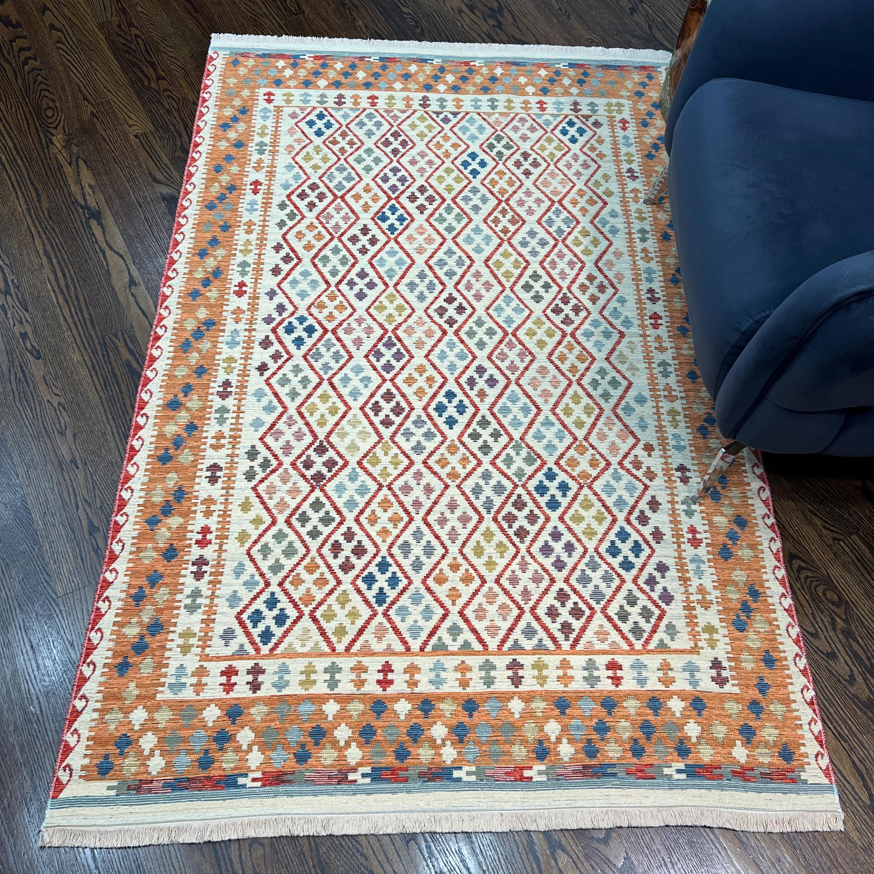 Pastel Tribal Kilim Style Rug – Orange, Cream & Multicolor Flatweave – Runner or Area Rug