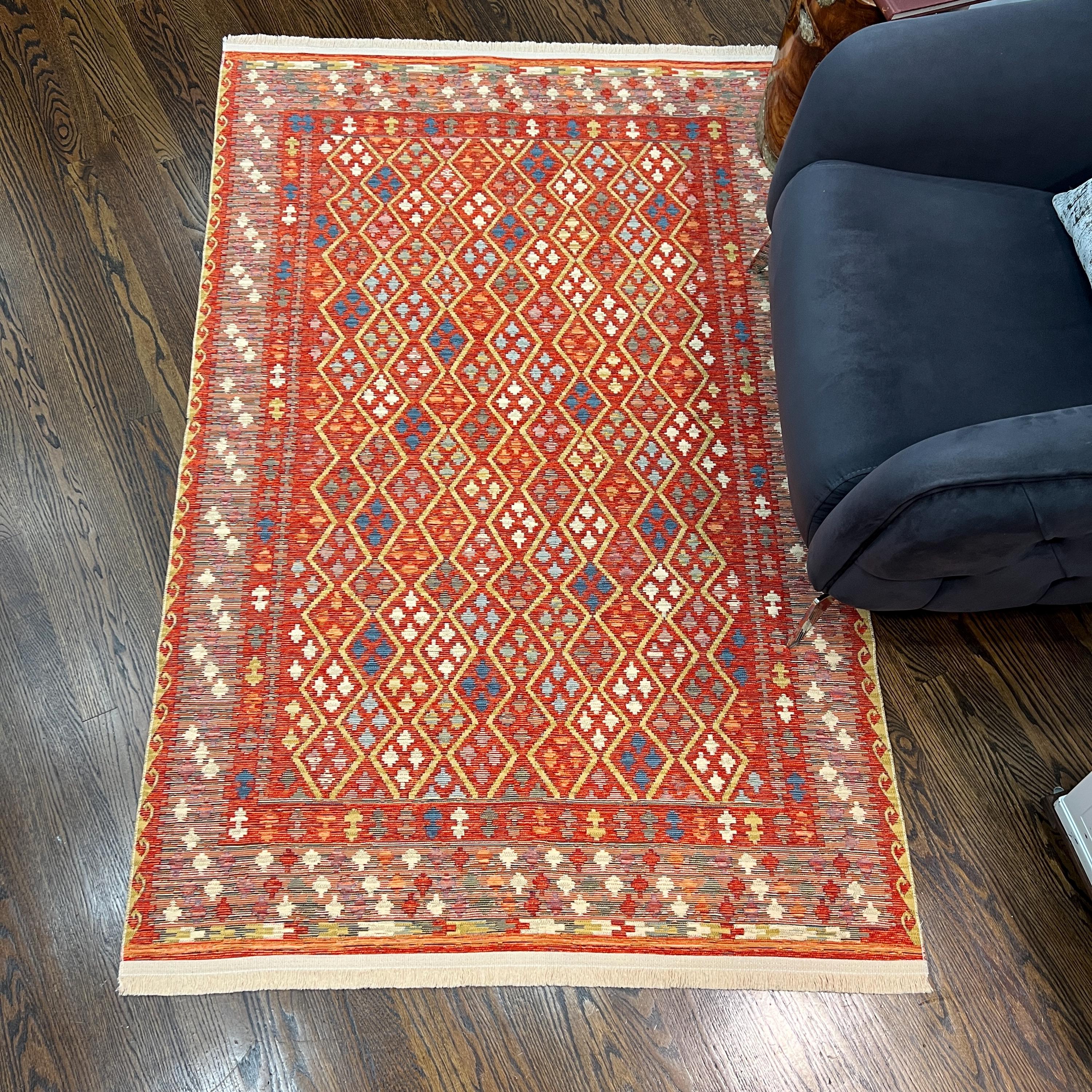 Red Kilim Style Cotton Rug: Tribal Turkish Design, Reversible Flatweave
