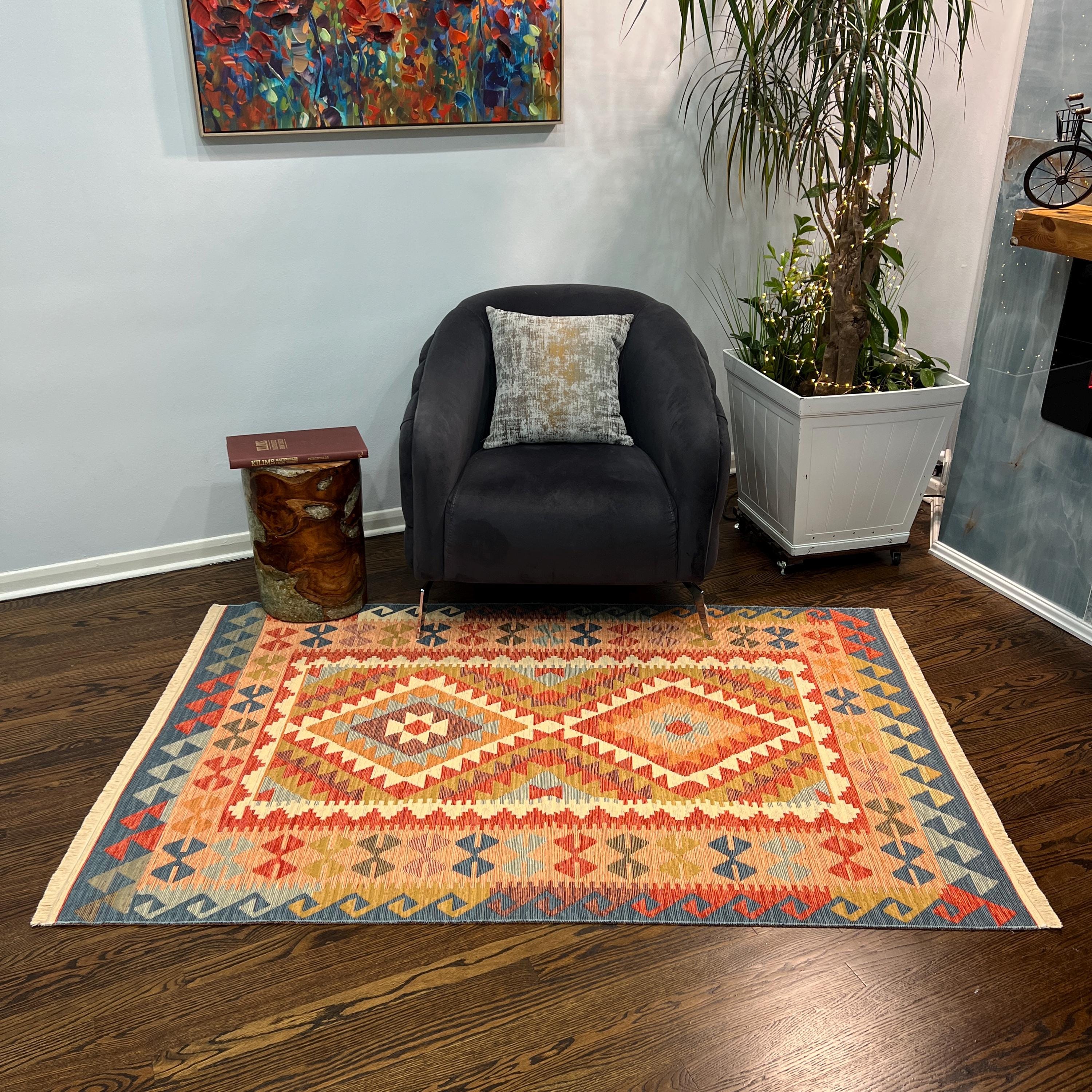 Bohemian Kilim Rug: Woven Cotton Tribal Flatweave - Warm Rich Colors