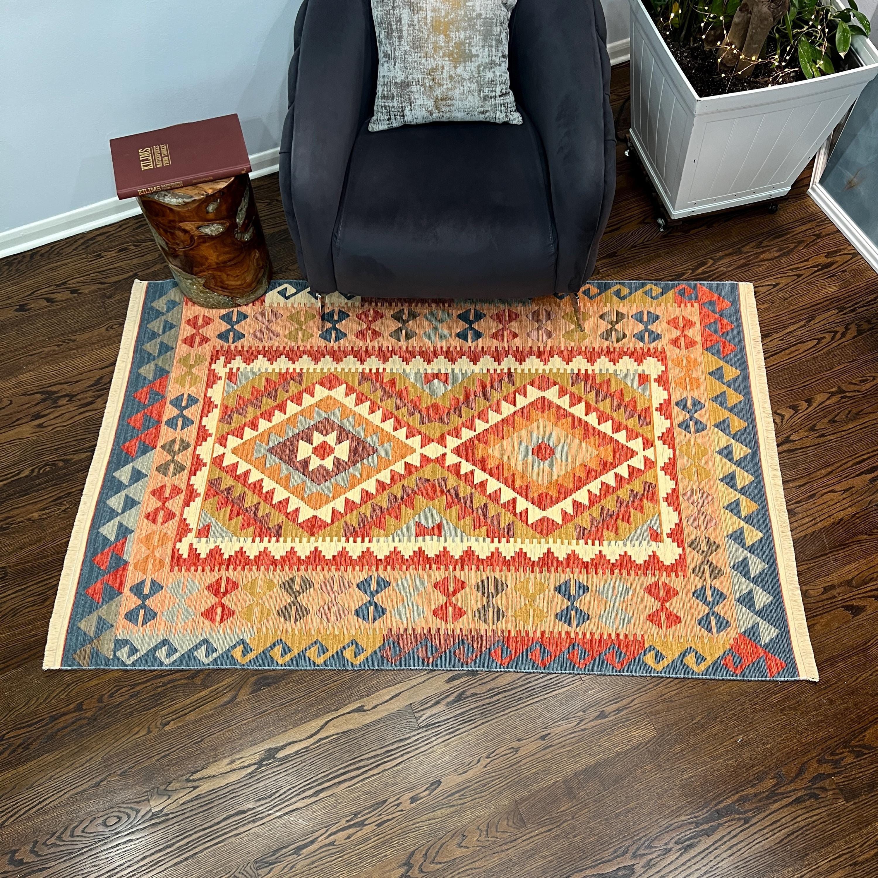Bohemian Kilim Rug: Woven Cotton Tribal Flatweave - Warm Rich Colors