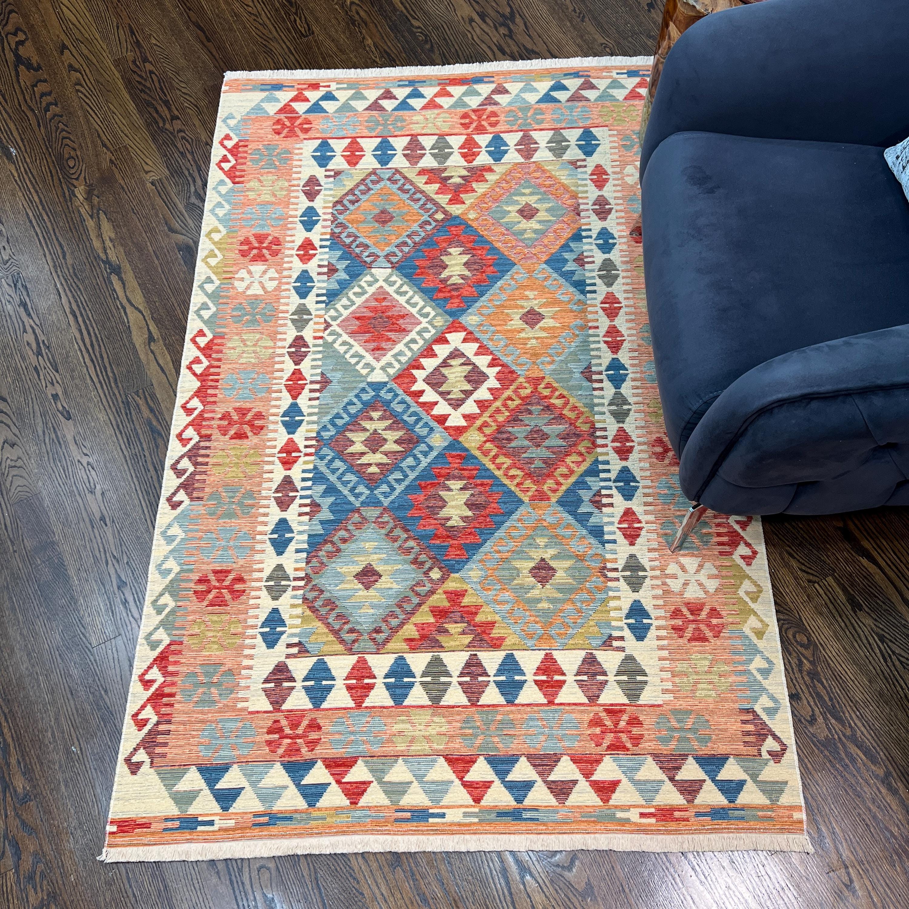 Boho Kilim Area Rug: Vibrant Tribal Diamond Design, Lightweight Cotton Flatweave