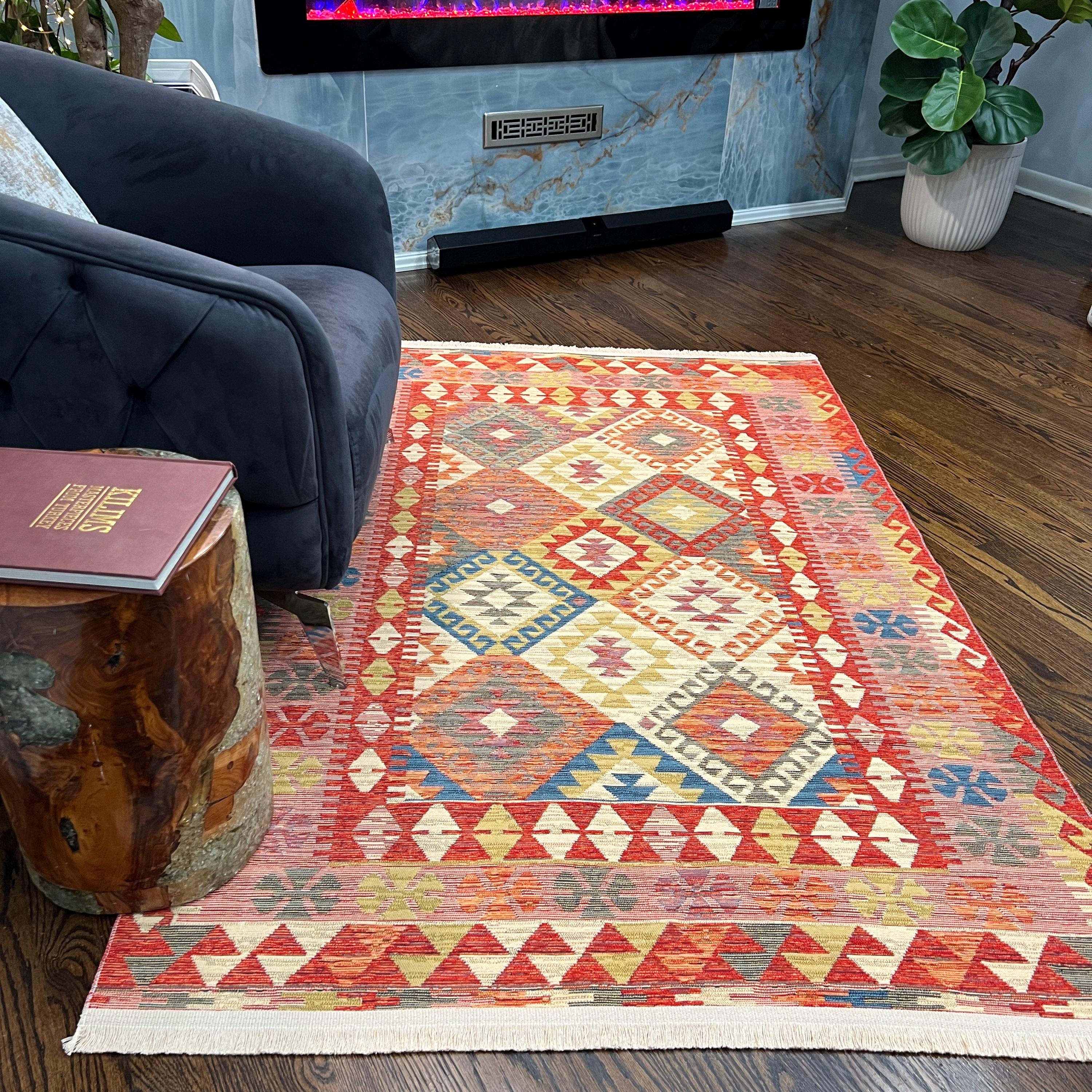 Boho Cotton Kilim Rug: Vibrant Tribal Diamond Design